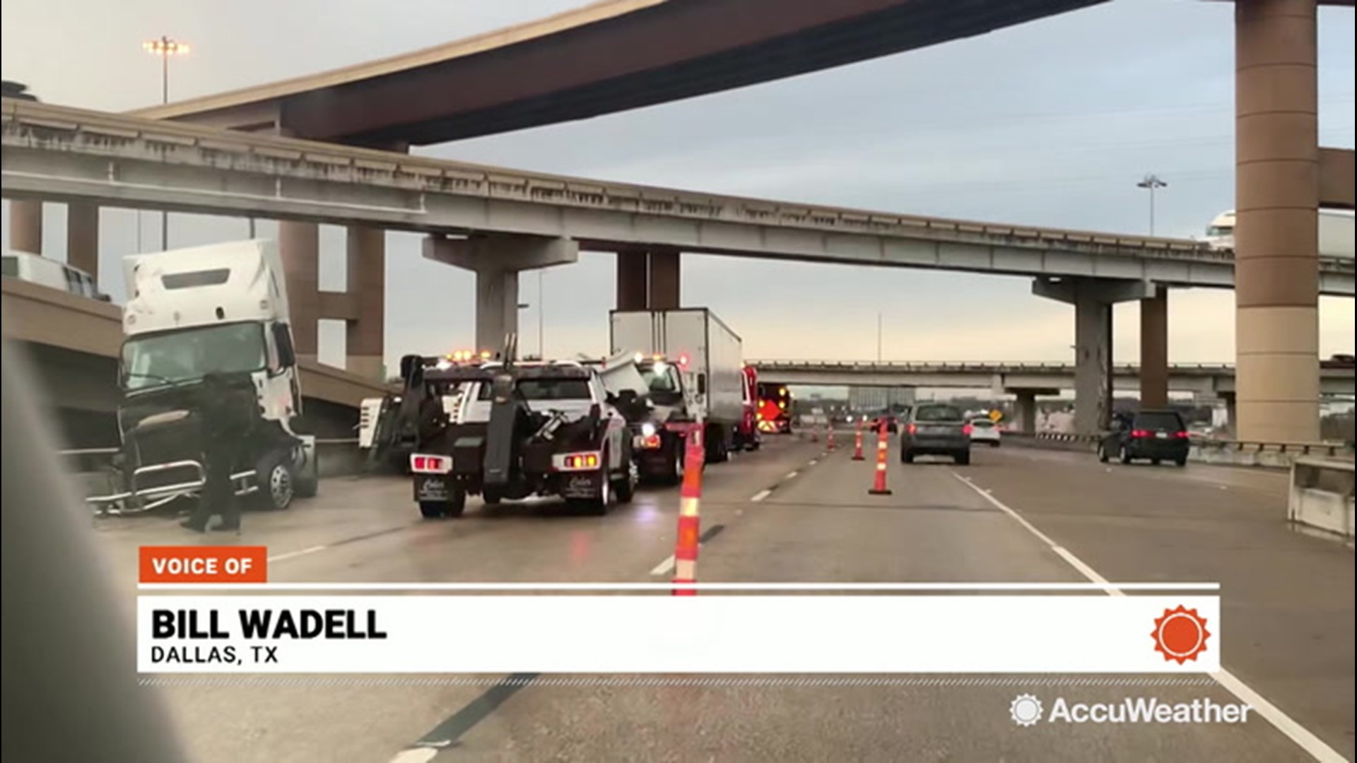AccuWeather's Bill Wadell is in Dallas, Texas, where slick road conditions caused a truck driver to lose control and dangle off an overpass on Dec. 10.