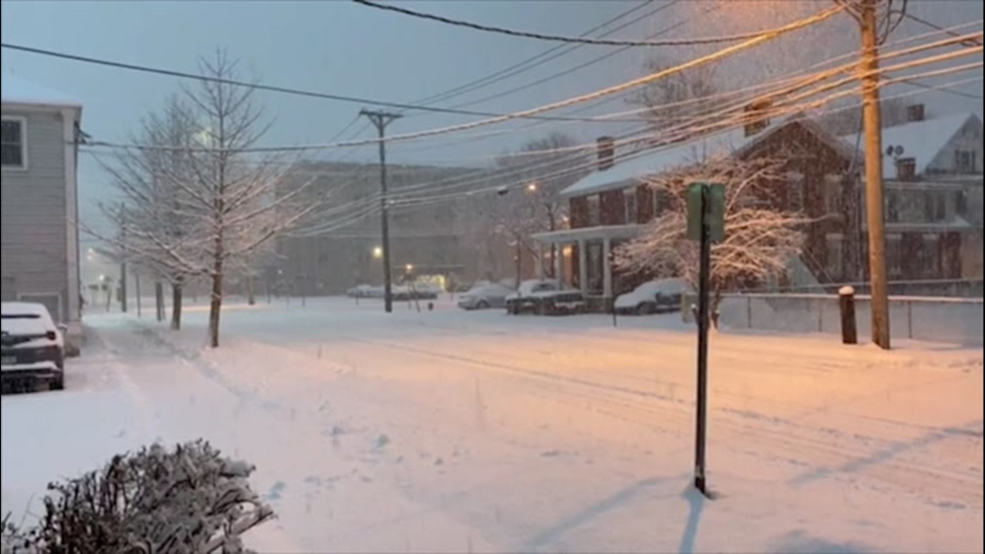 Snow totaling 3-5 inches fell overnight in Plattsburgh, New York, on Jan. 2, covering the streets in a blanket of white.