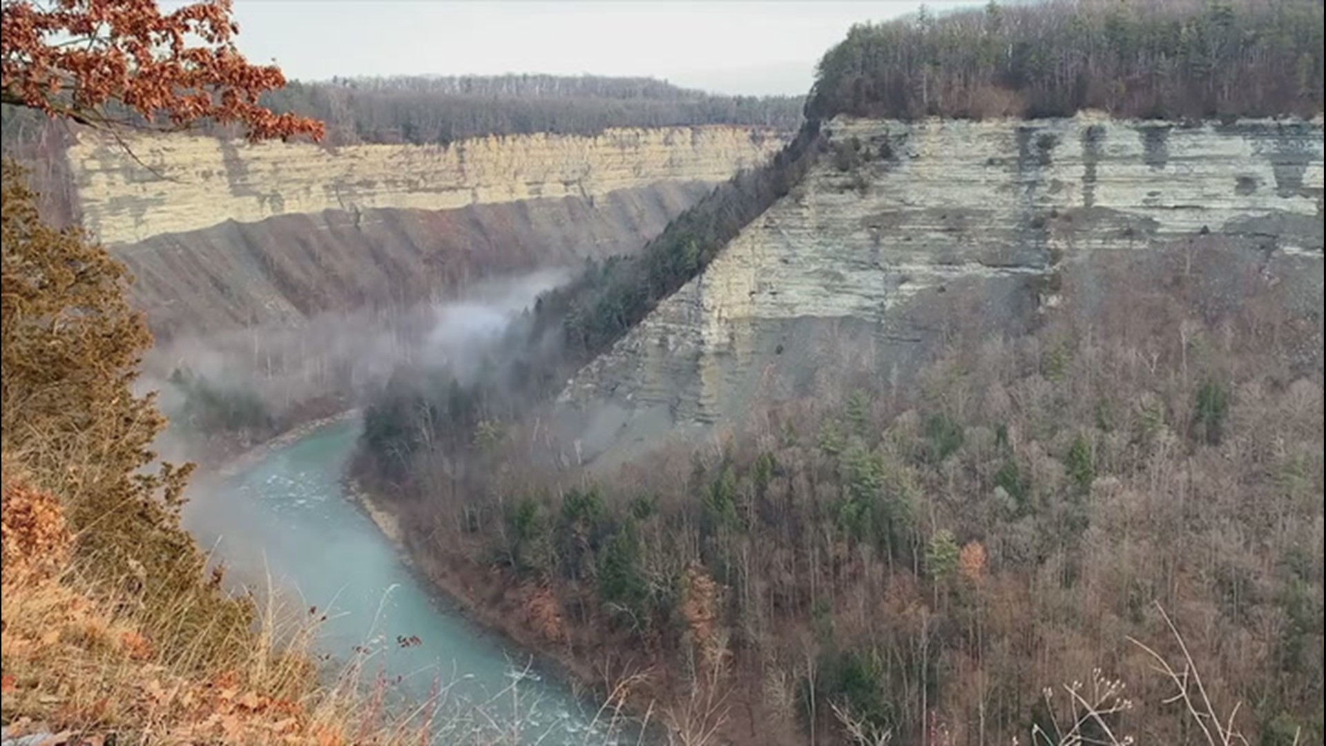 As water vapor warmed by the sun condensed into visible droplets on the morning of Jan. 16, 'clouds' of mist drifted just above the Genesee River in Letchworth State Park.