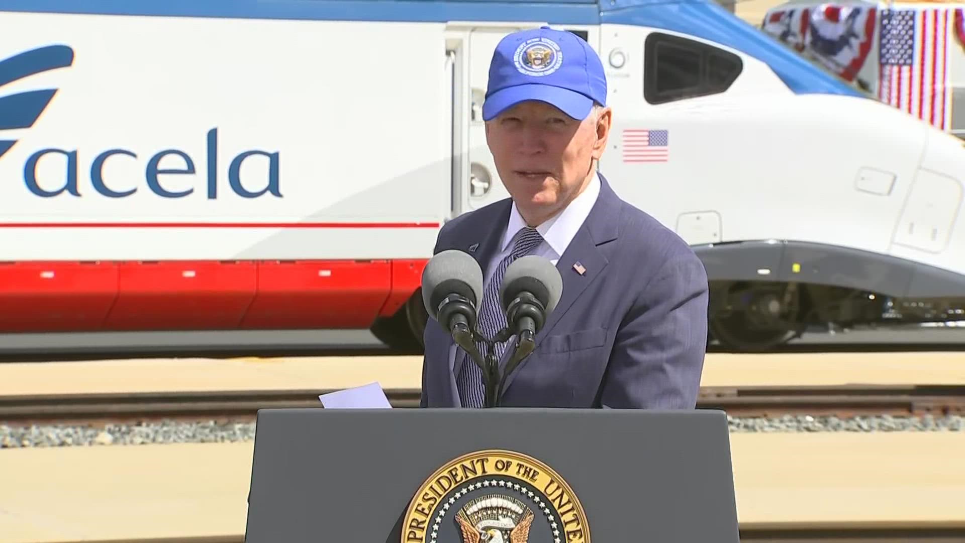 President Joe Biden celebrates Amtrak's 50th anniversary during an event in Philadelphia. Biden used Amtrak to commute from Washington to Delaware as a US Senator.