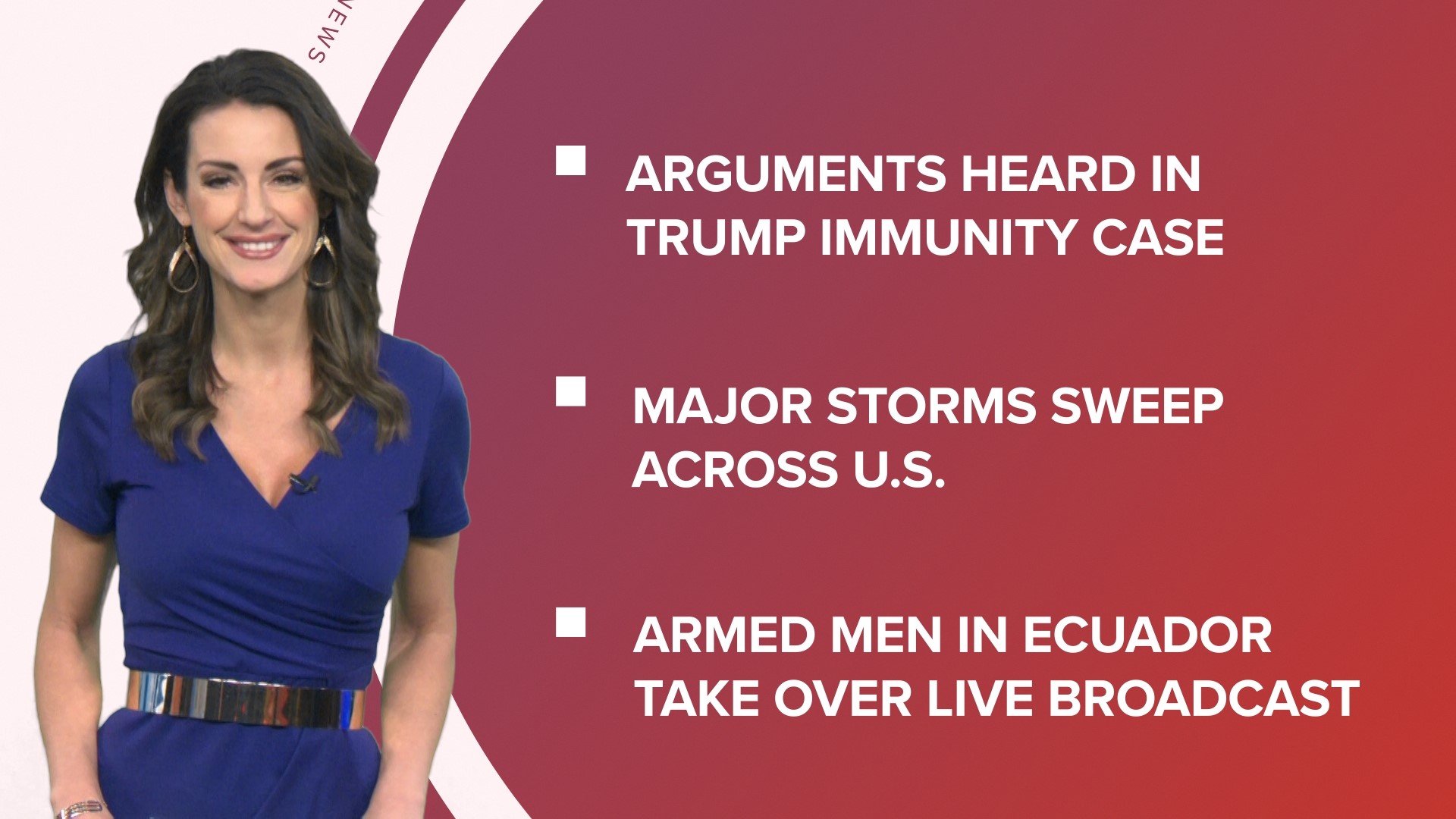 A look at what is happening in the news from judges hear arguments in Trump immunity case to severe storm damage and Barbie names its career of the year.
