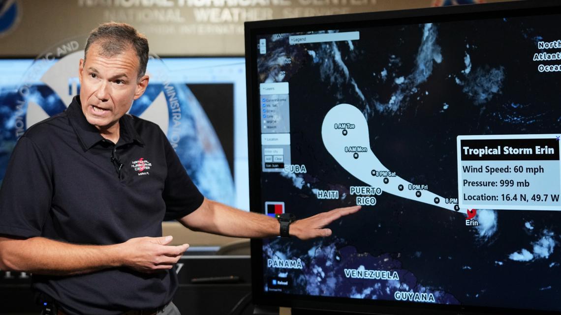 Hurricane Erin strengthens into a Category 2 storm as it approaches the northeast Caribbean