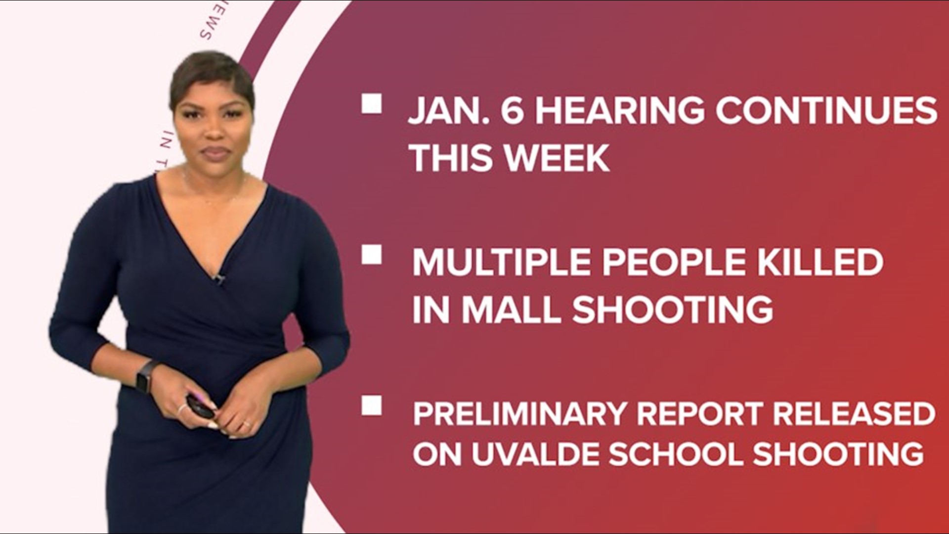 A look at what is happening across the U.S. from a preview into this week’s Jan. 6 hearing to a shooting at an IN mall and a report released of the Ulvade shooting