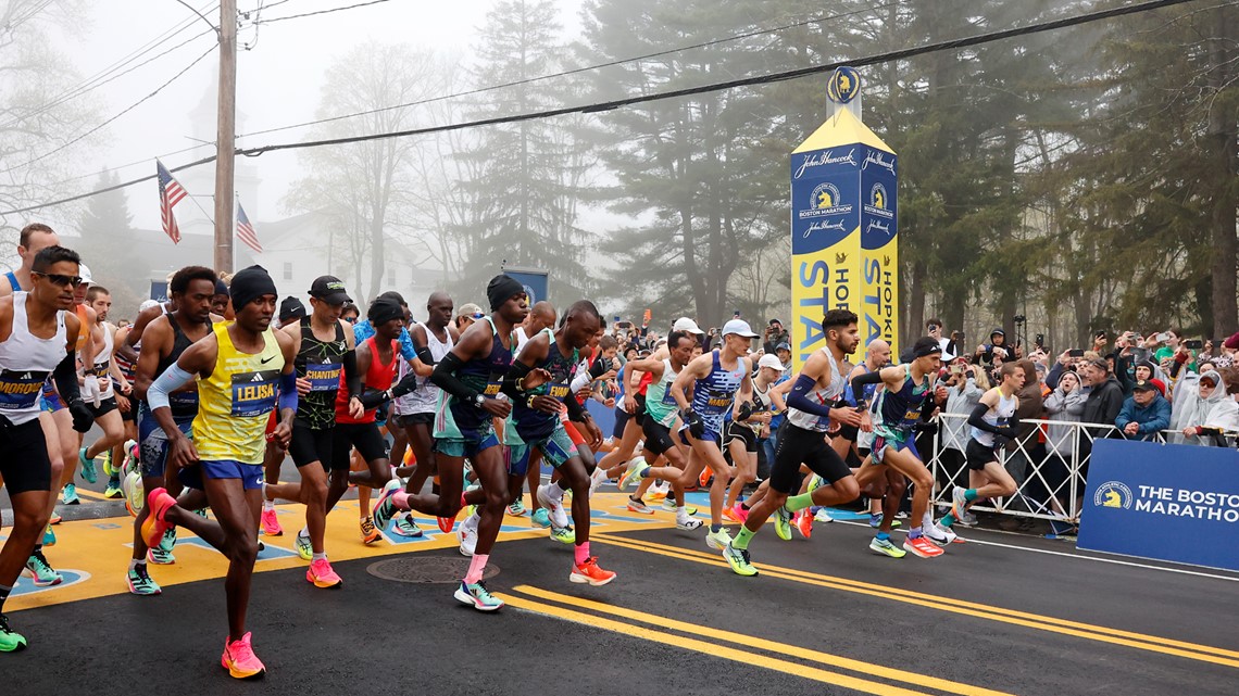 Fast field departs for start of 127th Boston Marathon