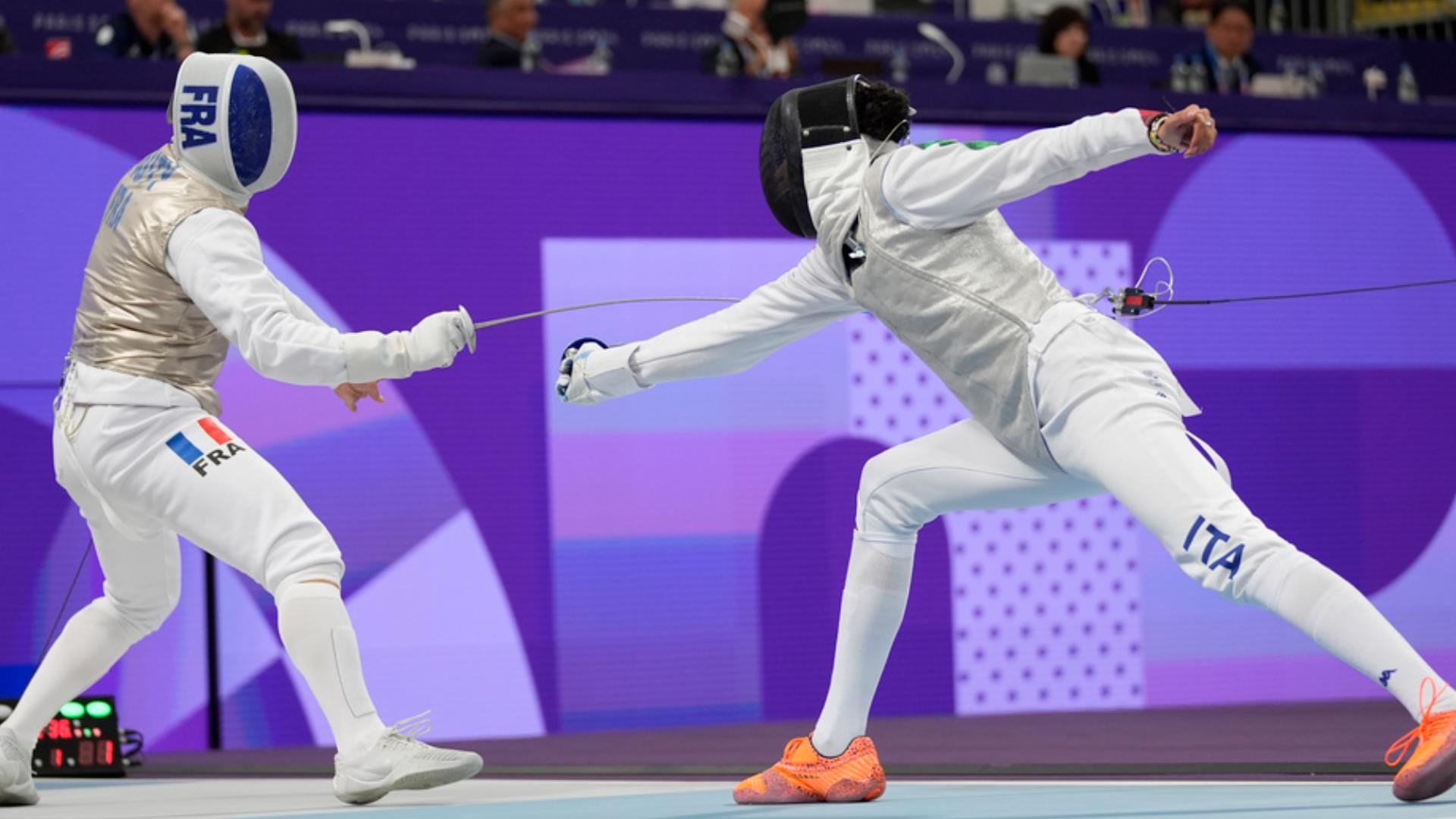 Why are fencers tethered at the Paris Olympics?