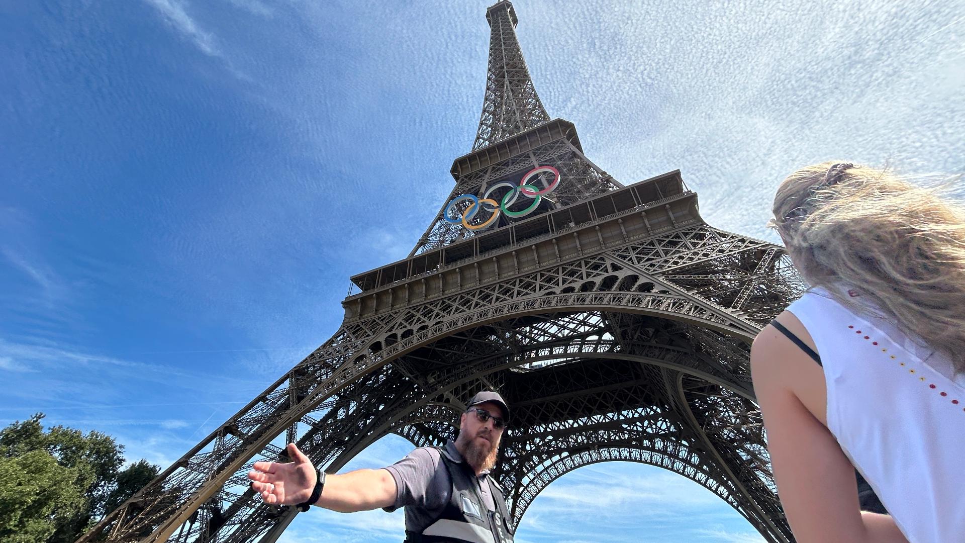 A shirtless man was seen scaling the 1,083-foot tall Eiffel Tower on Sunday afternoon on the last day of the Paris Olympics.