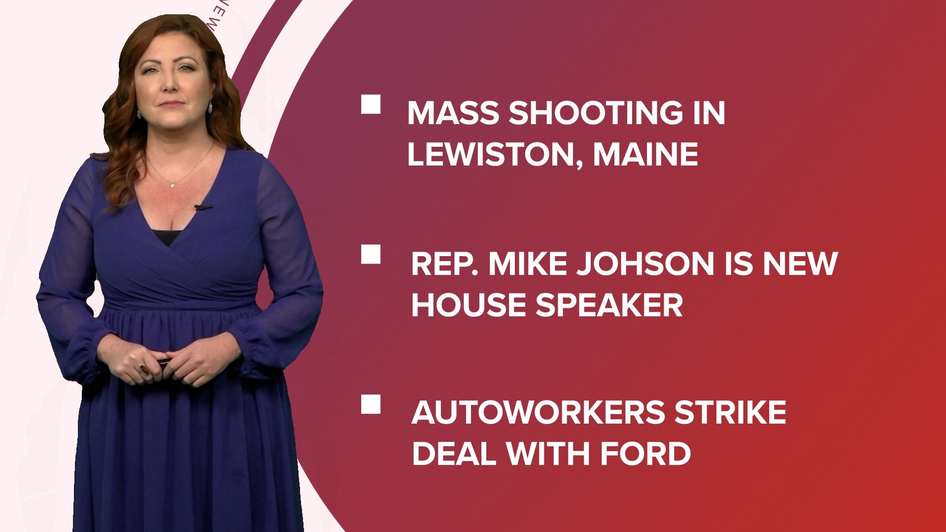 A look at what is happening in the news from a mass shooting in Lewiston, Maine to a new Speaker of the House and progress toward ending the UAW strike.