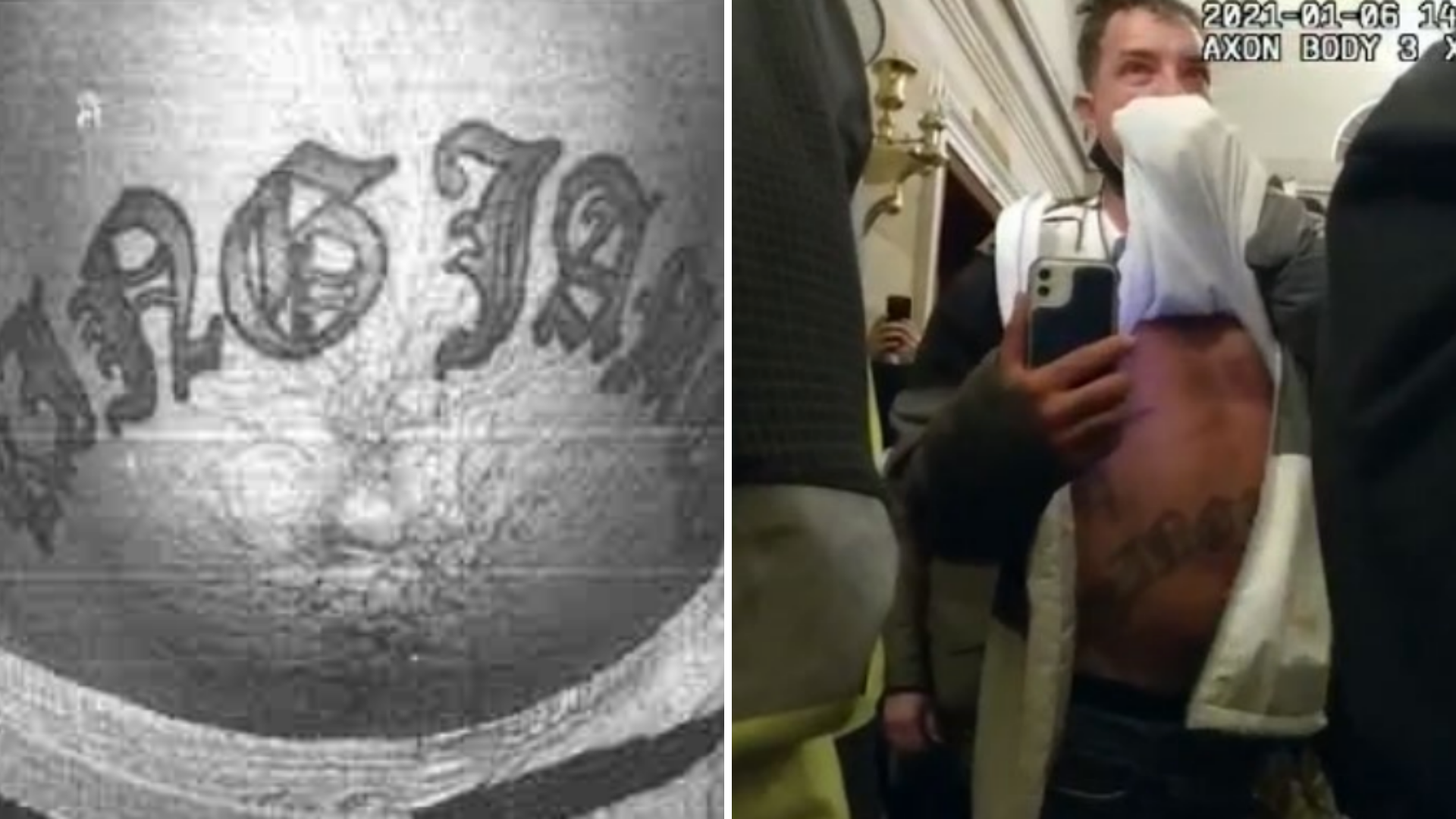 The criminal complaint said James McGrew was seen on videos and photos at the Capitol building. He lifted up his shirt revealing the tattoo, seen on police body cam.