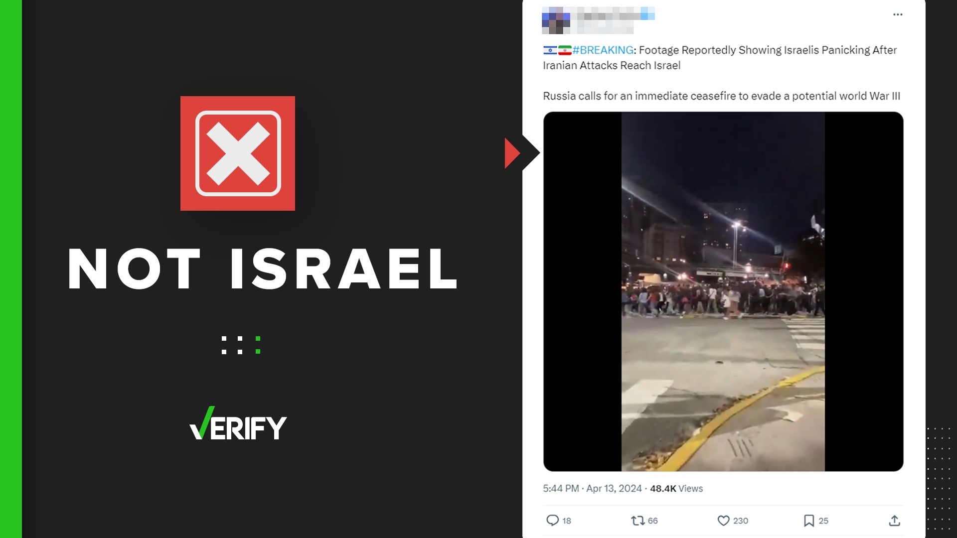 A video showing a crowd running through the streets wasn’t taken in Israel during Iran’s April 13 drone strikes. It was taken in Buenos Aires, Argentina.