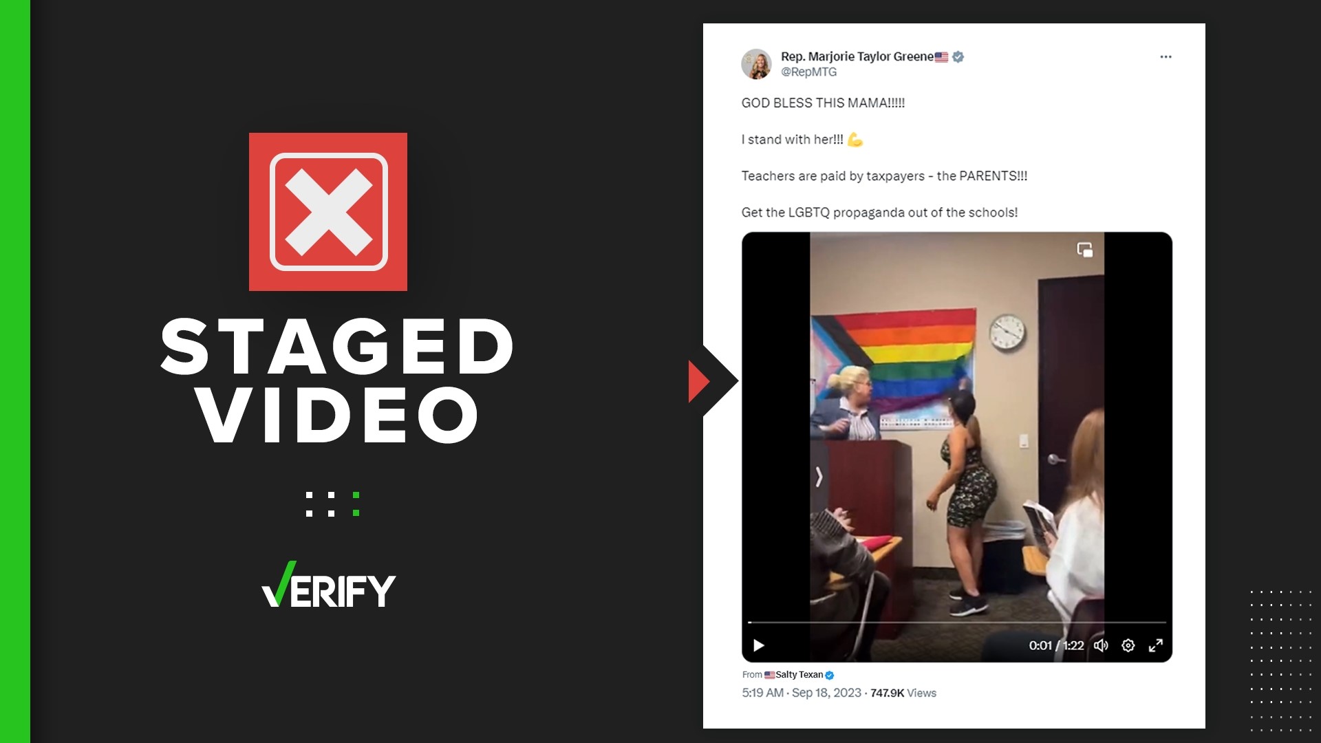Rep. Marjorie Taylor Greene shared a viral video of a mom tearing down a pride flag in a classroom. It was a staged skit.