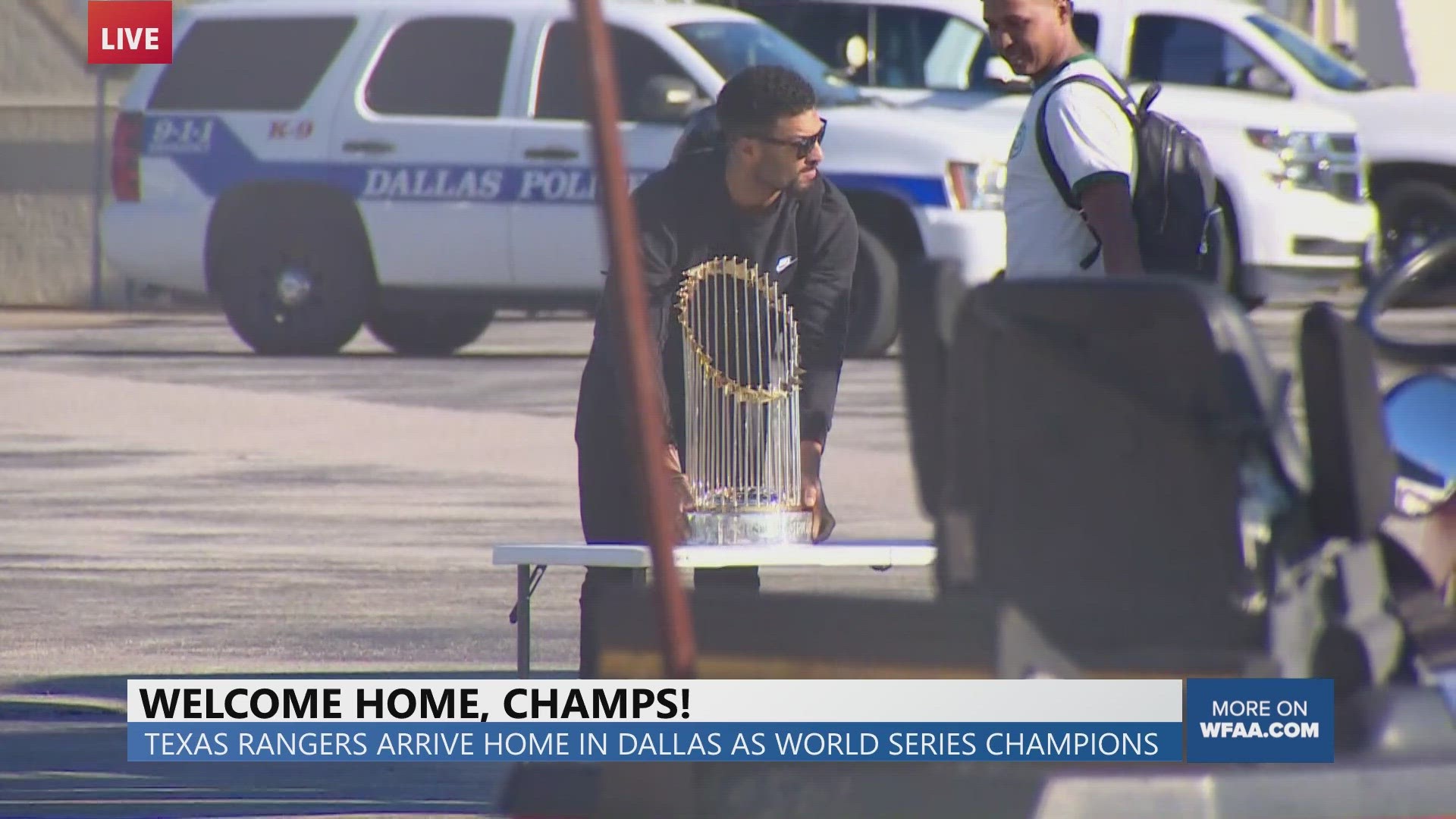 The Texas Rangers' plane landed back at Dallas Love Field on Thursday after the team won the 2023 World Series in Arizona.