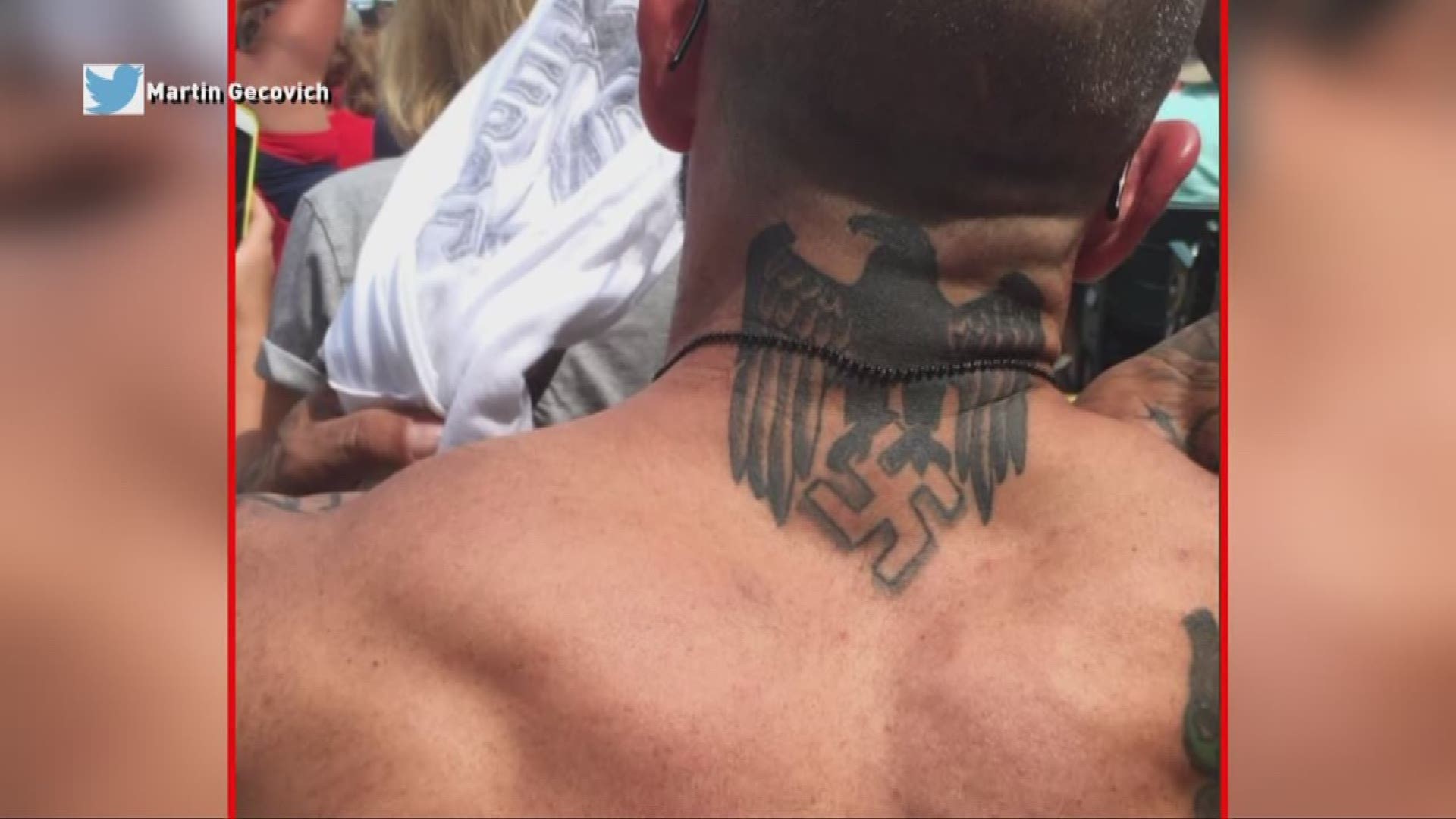 A Cleveland Indians' fan was upset after being seated behind another fan with controversial tattoos during Sunday's game against the Blue Jay's .
