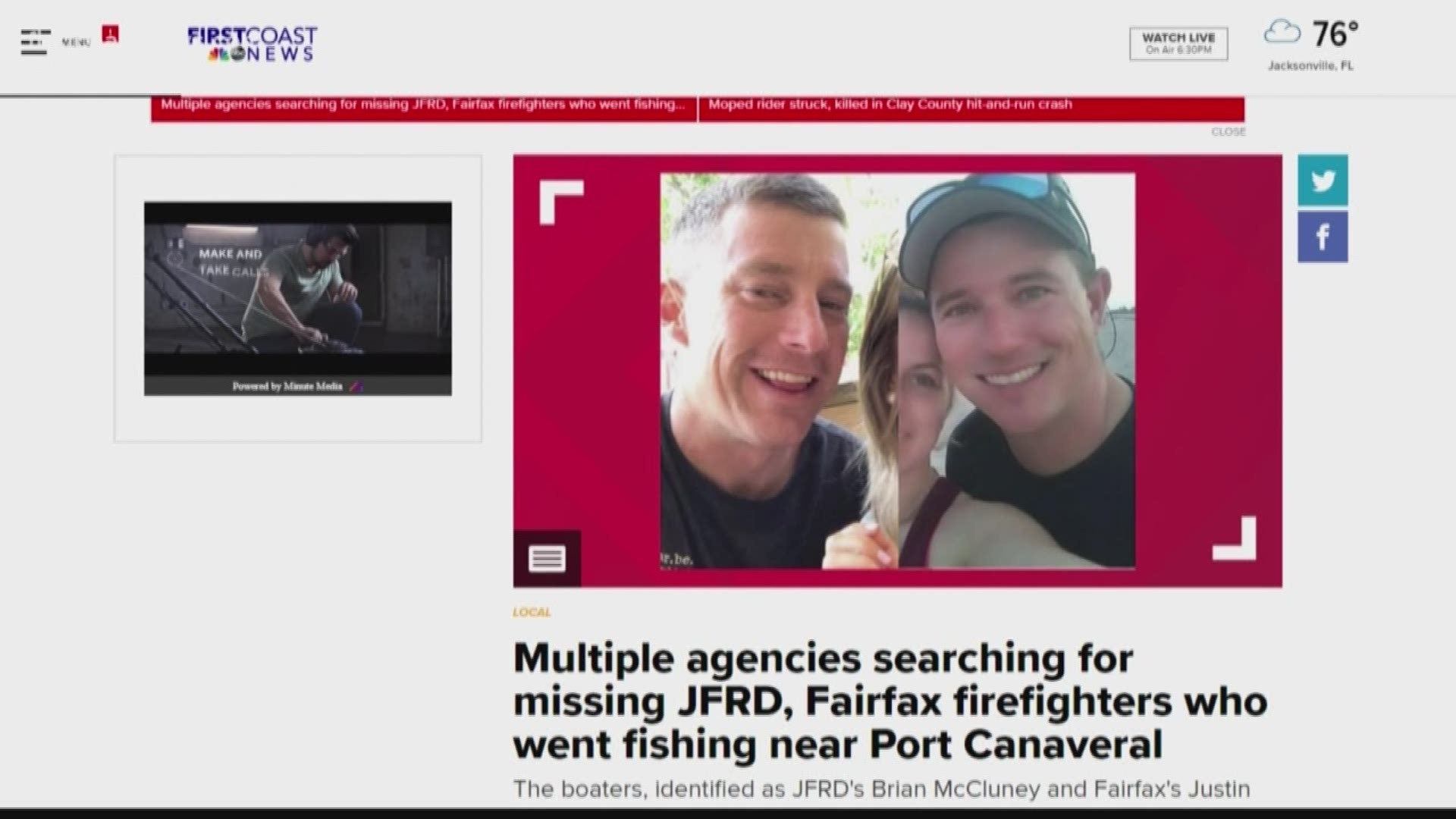 The boaters, identified as JFRD's Brian McCluney and Fairfax's Justin Walker were last seen on Friday leaving the 200 Christopher Columbus boat ramp in a 24-foot center console boat, the U.S. Coast Guard said.