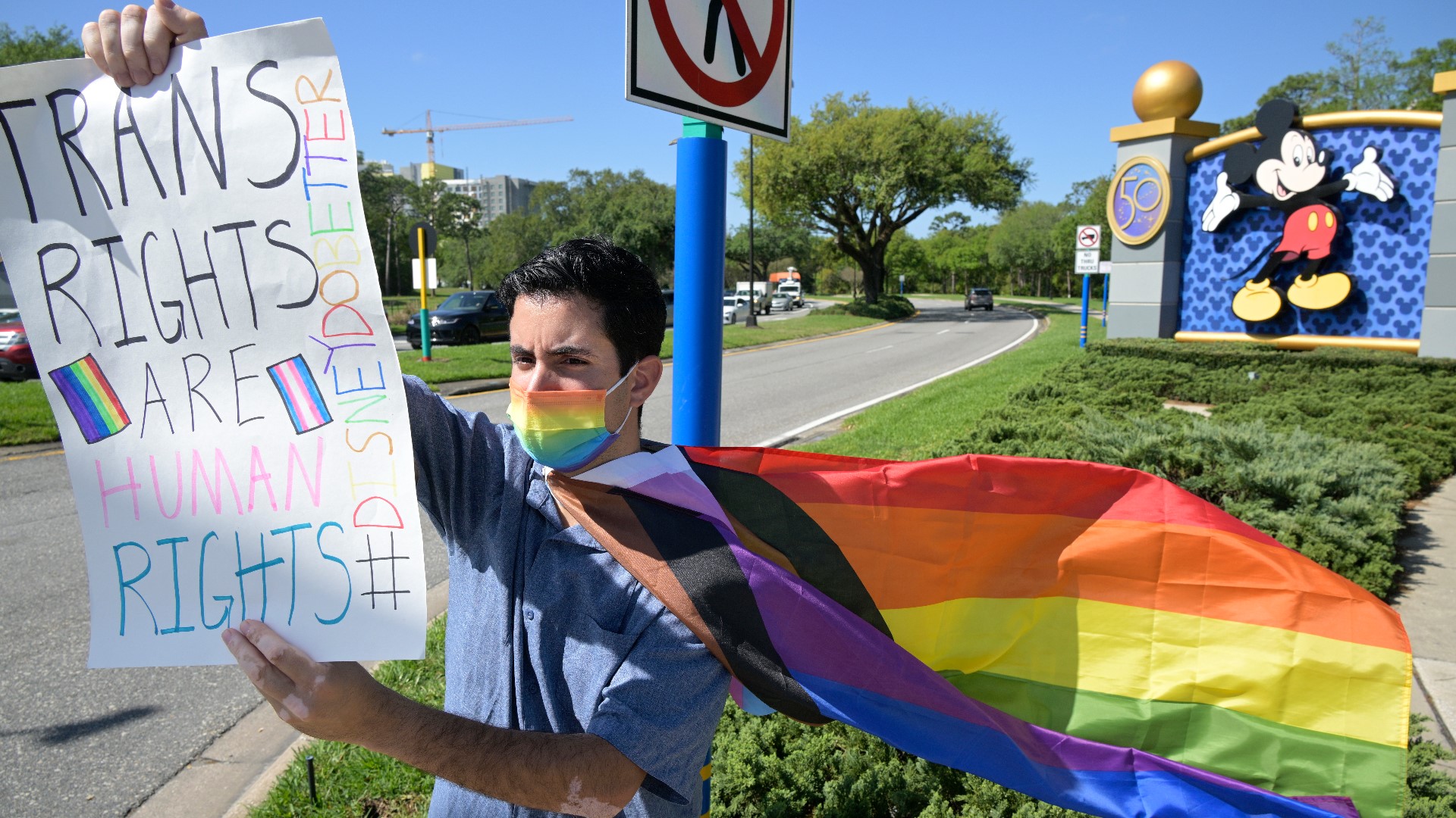 The protest is in response to the theme park giant's slow response in publicly criticizing the legislation.