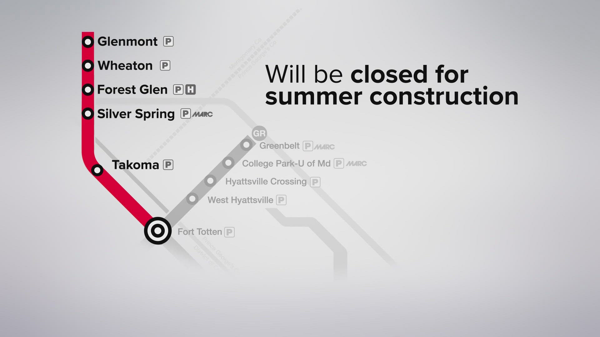 Green Line trains will single track between Naylor Road and Branch Avenue. And Red Line service will be suspended at the Brookland-CUA and Fort Totten stations.