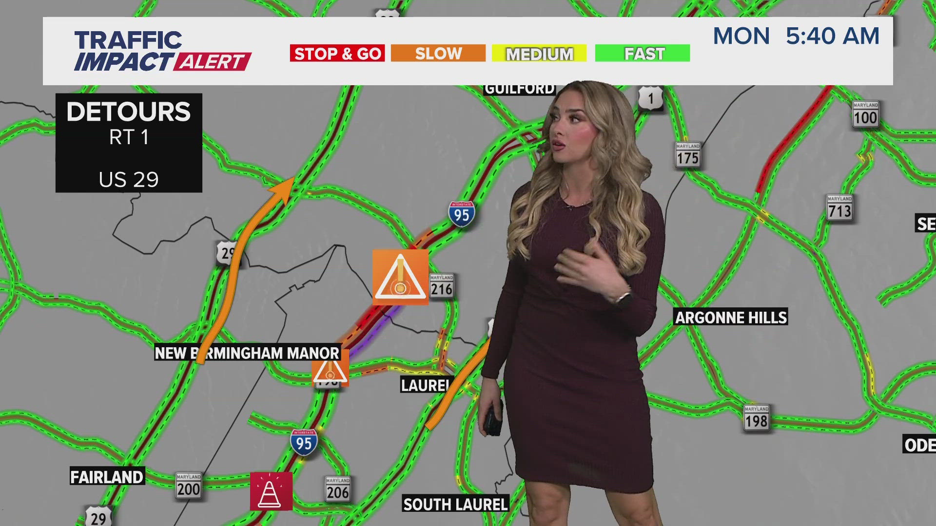 All northbound I-95 lanes and two southbound lanes are closed between Exit 31A to MD-200 Intercounty Connector and exit 33A to MD-198 Sandy Spring Road in Laurel.