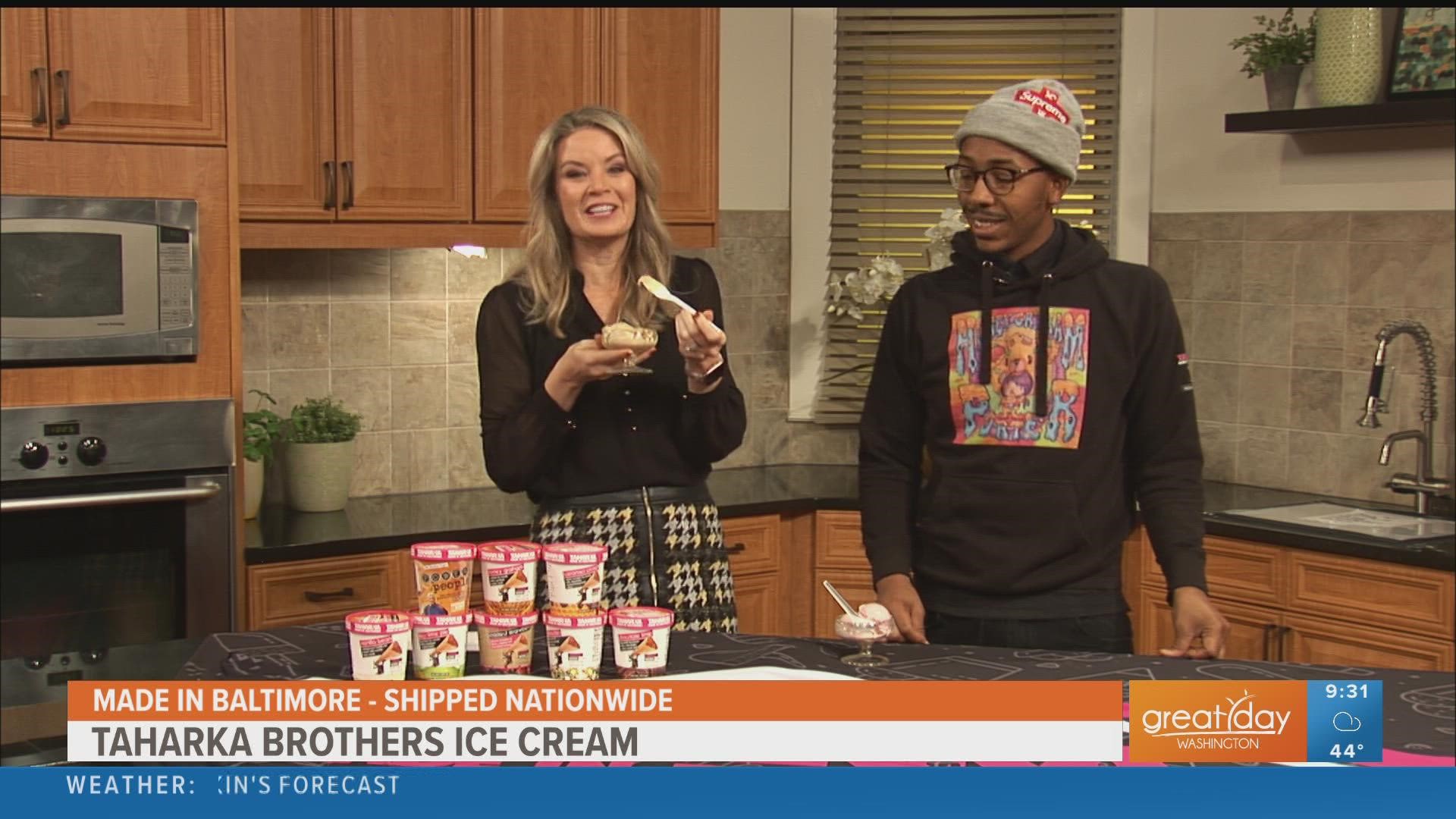 Detric McCoy, Owner of Taharka Brothers gives Kristen a taste test of the gourmet ice cream that's made and packaged in Maryland. On sale nationally at walmart.com.