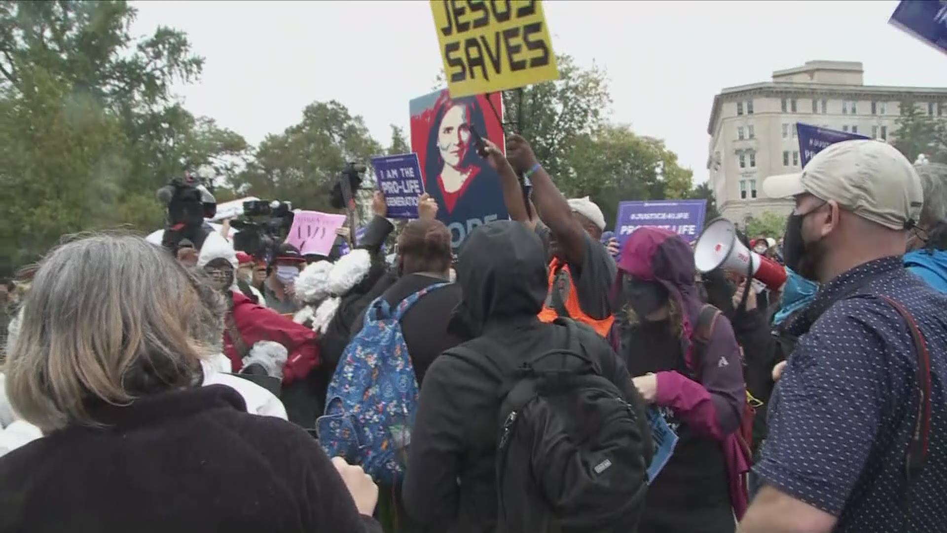 Demonstrators for and against the confirmation of Supreme Court nominee Judge Amy Coney Barrett were outside the supreme court during her first hearing on Monday.