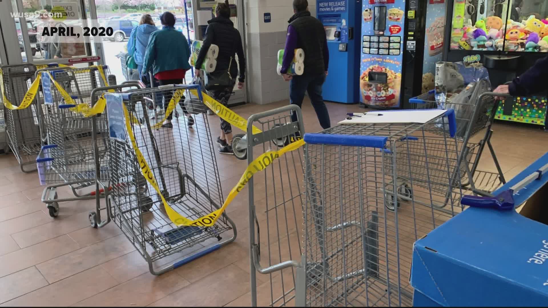 To reduce exposure to COVID, stores are limiting the number of customers. A viewer emailed us saying several grocery stores in MD and VA were obstructing doors.