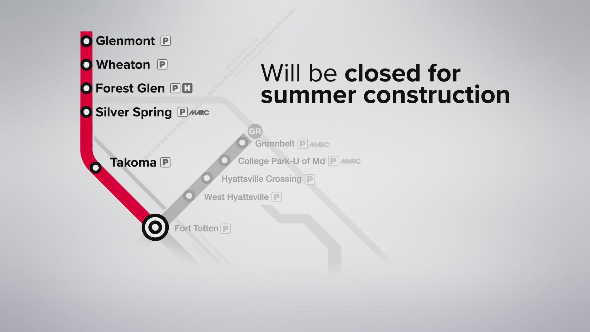 FIVE METRO STOPS IN MONTGOMERY COUNTY WILL BE CLOSED AS THEY WORK ON CONNECTING THE SYSTEM TO THE NEW PURPLE LINE.