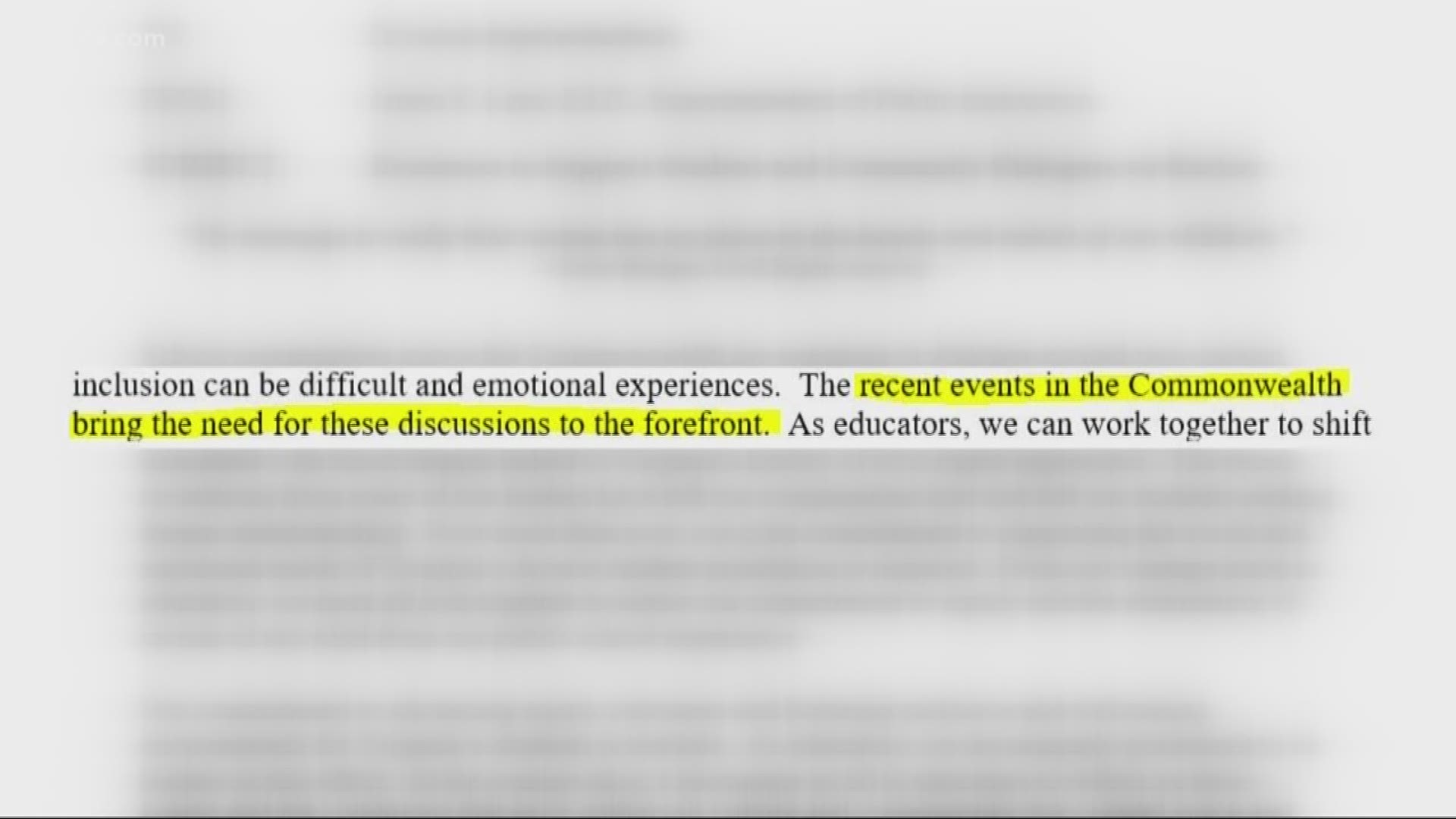 The state’s superintendent, Dr. James Lane, sent out a memo to top educators saying, "recent events in the Commonwealth bring the need for these discussions to the forefront."