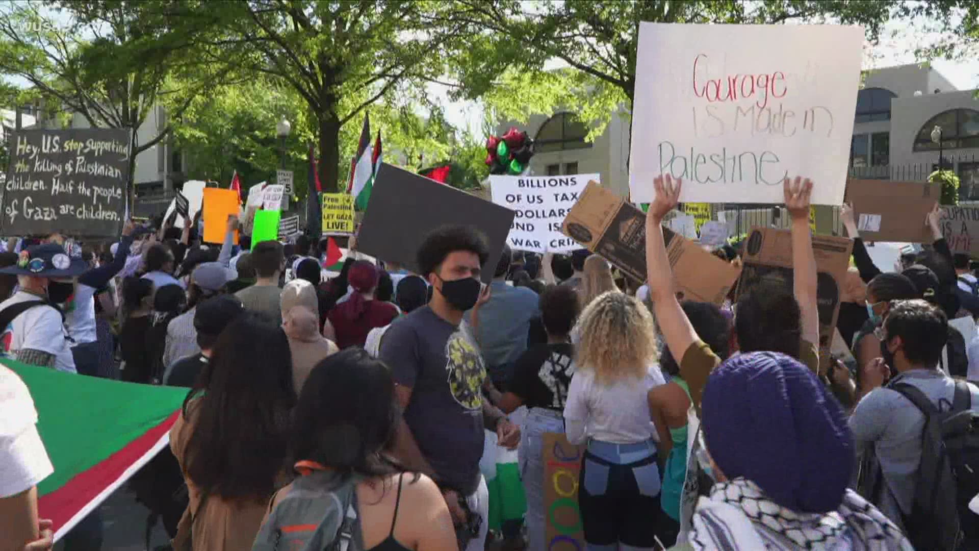 Many gathered outside the Israeli Embassy in downtown Washington DC amid deadly tensions between Israel and Palestine recently.