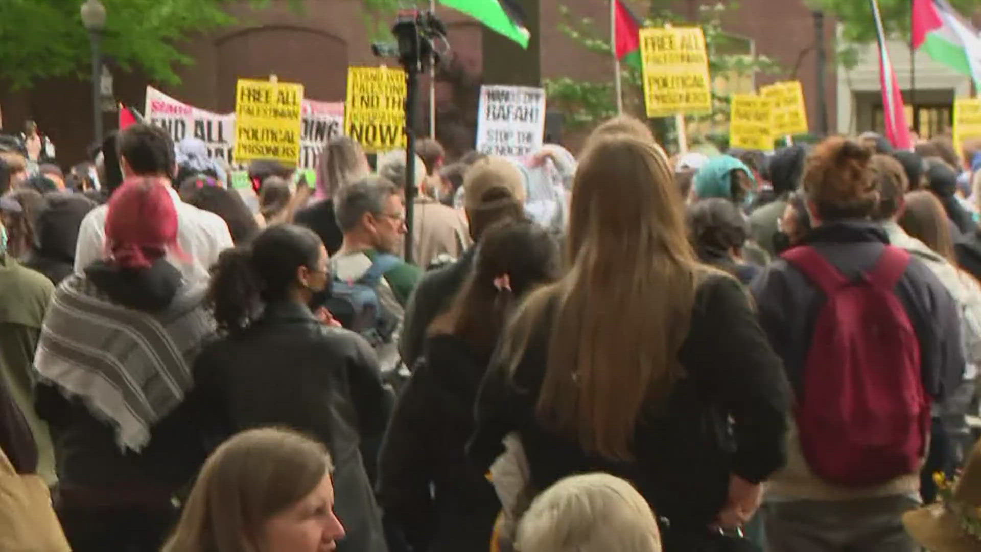 Students from several DMV-area schools gathered on campus for a pro-Palestine demonstration Friday.