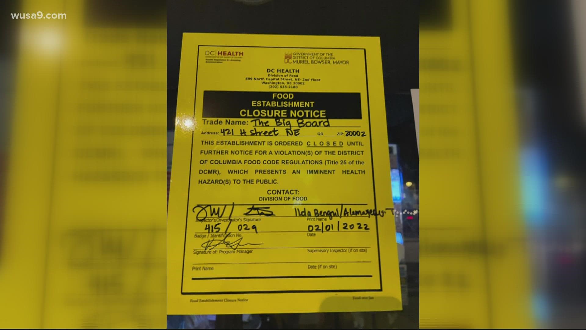 The DC Health Department has closed down the H Street bar for their violations of DC code regarding the city's vaccine mandate.