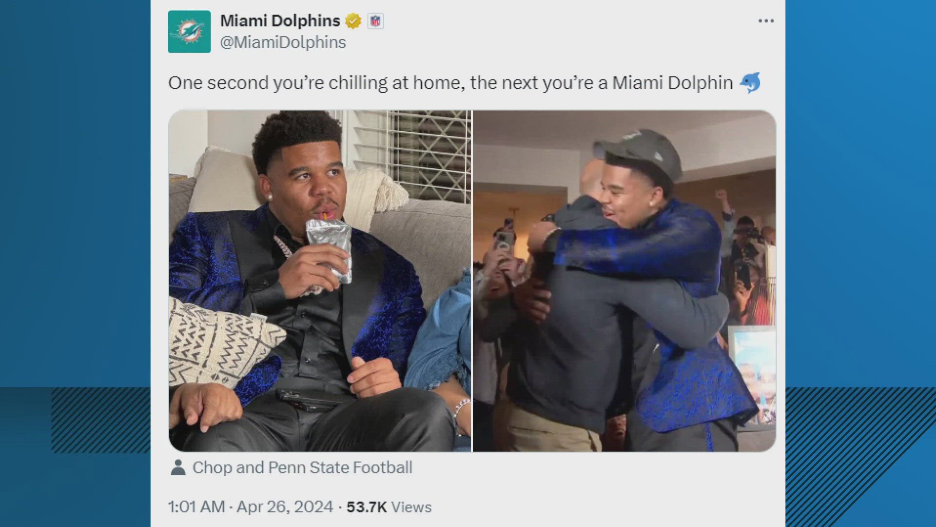 "one second you're chilling at home, the next you're a Miami Dolphin." Chop Robinson tweeted after being drafted to as the Dolphins linebacker.