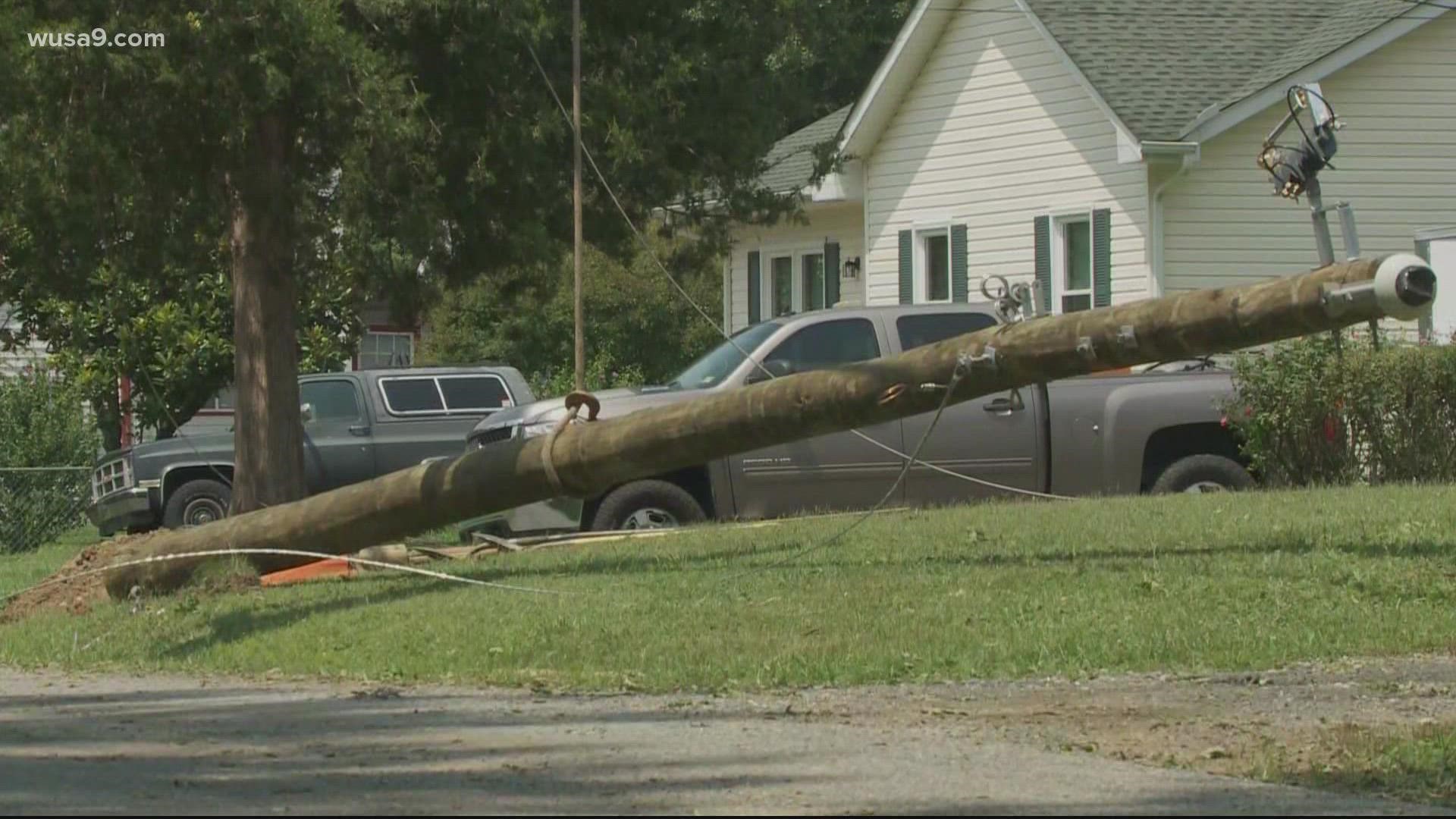 A storm cell blew through Falmouth, VA Thursday evening, knocking down trees and power lines.