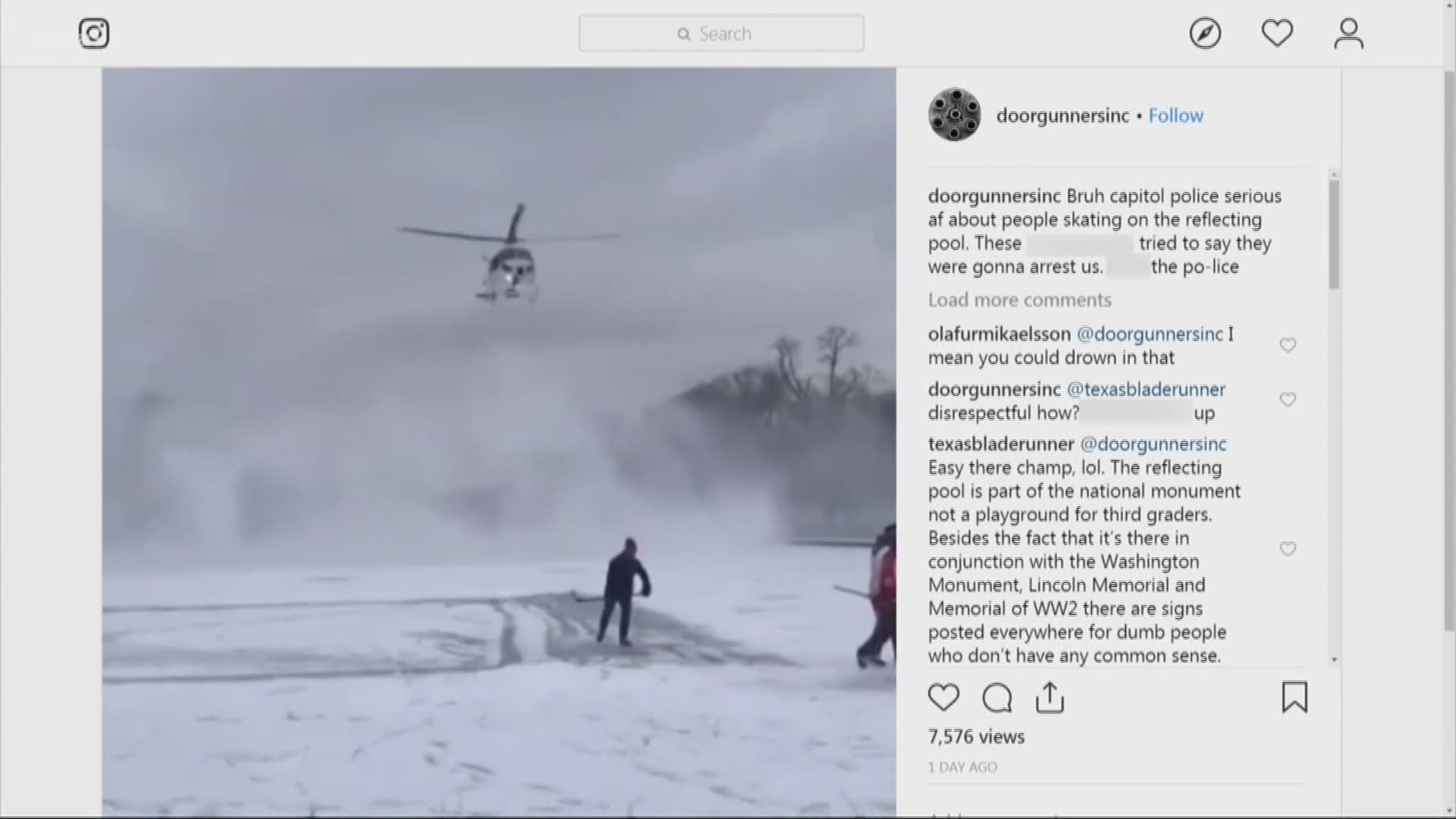 The video shows five people playing ice hockey on the frozen-over Lincoln Memorial Reflecting Pool, before being scared off by a low-flying helicopter headed straight for them.