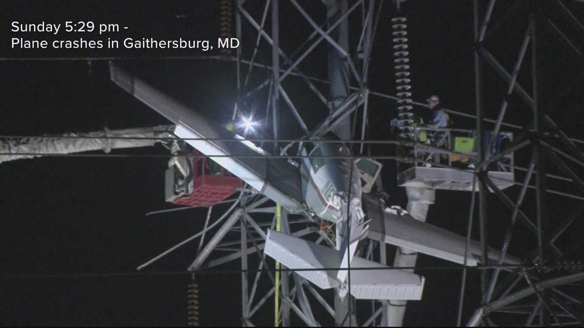 Crews rescue 2 from plane caught in power lines in Maryland