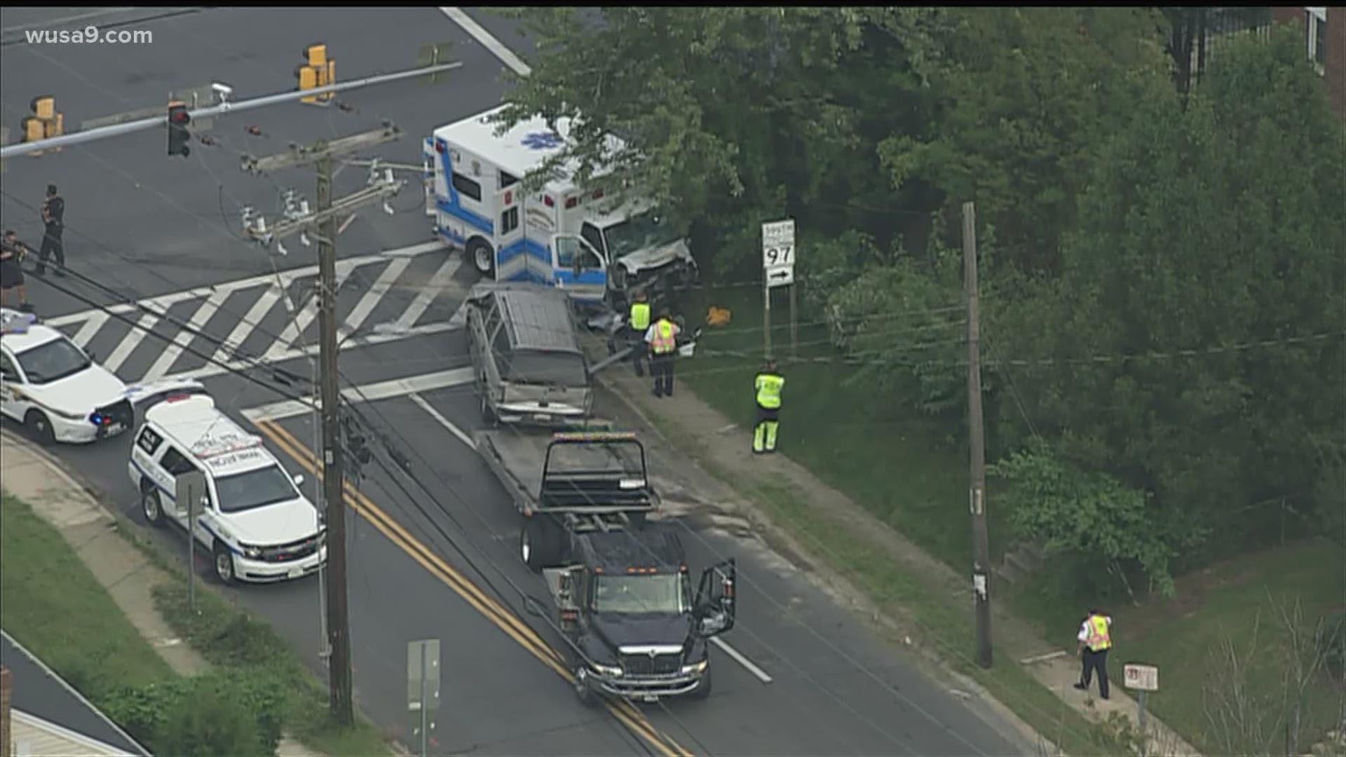 Four vehicles including an ambulance crashed on Georgia Avenue and Arcola Avenue in Wheaton, Maryland. There are multiple people injured.