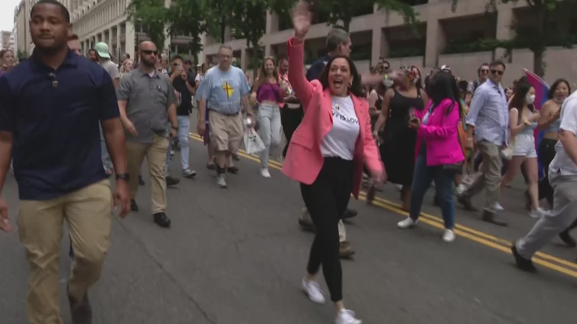 Vice President Kamala Harris walked with attendees of DC's Pride parade that was held in downtown Washington on Saturday.