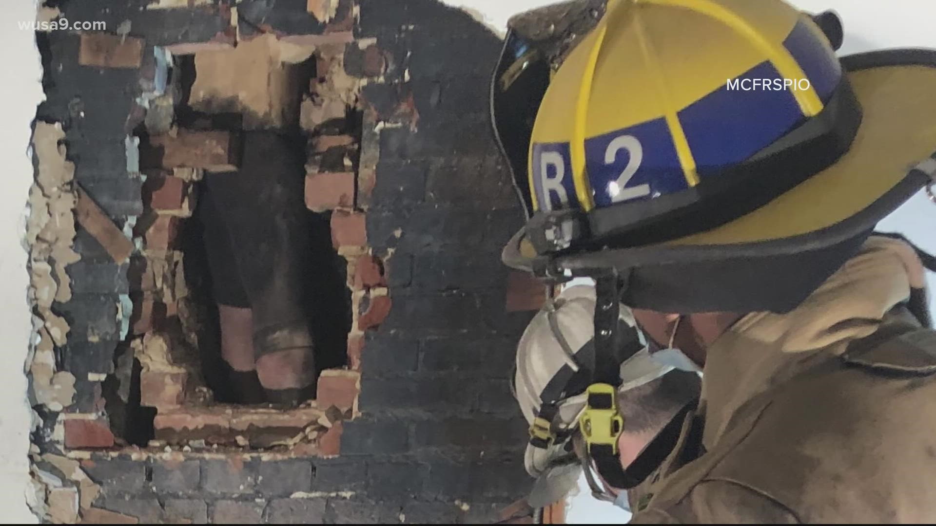 A man was extricated from a chimney at a Silver Spring house that he doesn't live in on Saturday morning. Police escorted him to a nearby trauma center.
