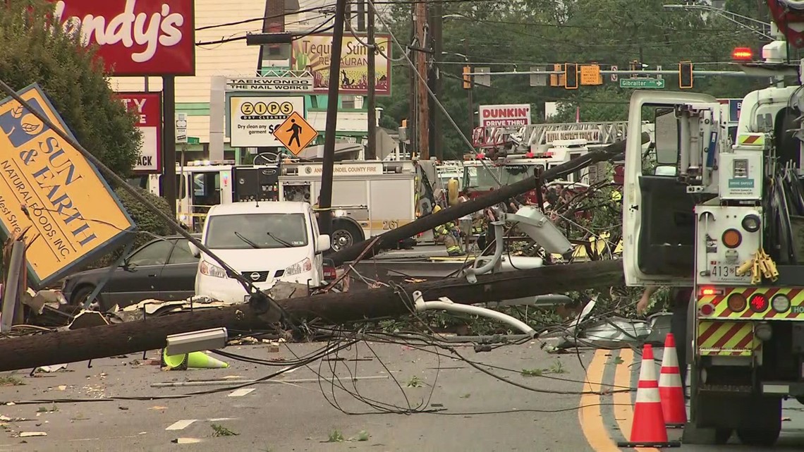 Aftermath of possible tornado damage on West Street in Annapolis