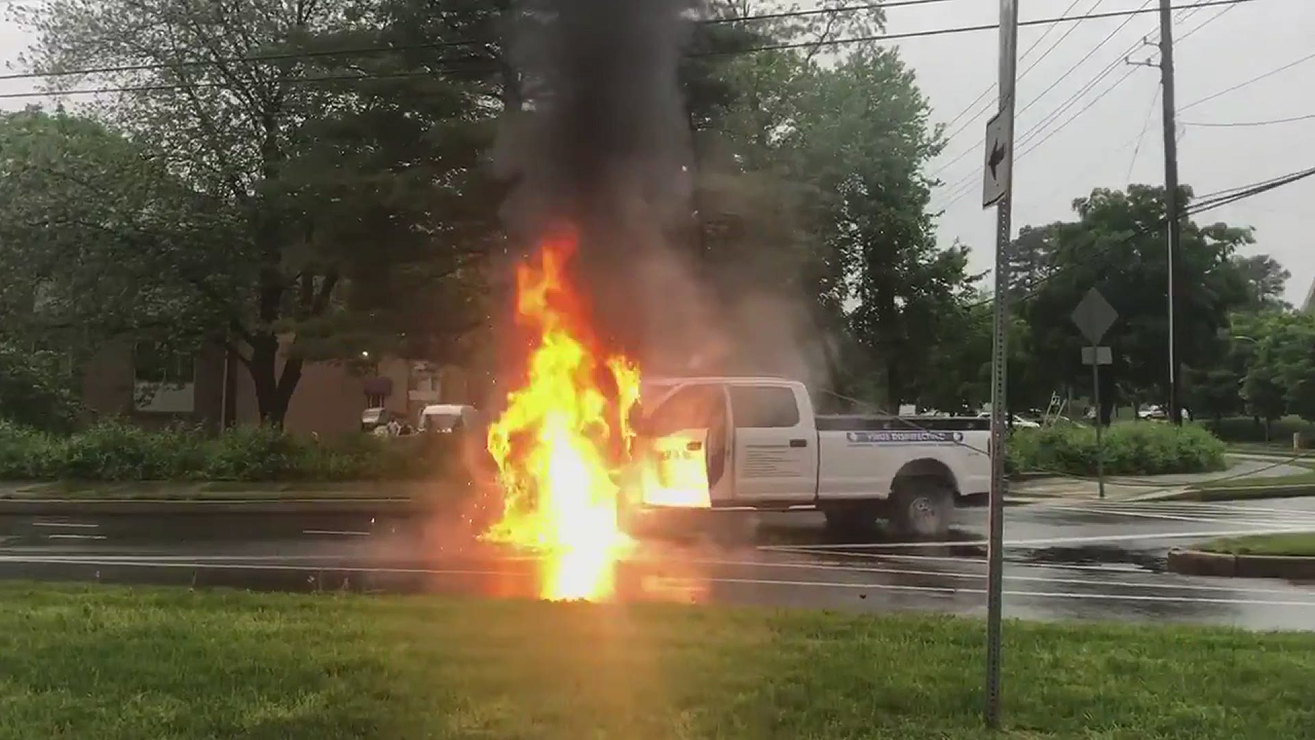 Downed live wires caused a truck to engulf in flames along West Diamond Avenue and Muddy Branch Road in Gaithersburg.