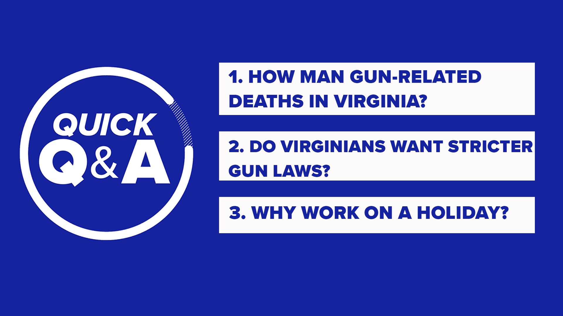 Got questions about Virginia's gun laws and why some people work on a holiday? We've got the answers for you...quickly