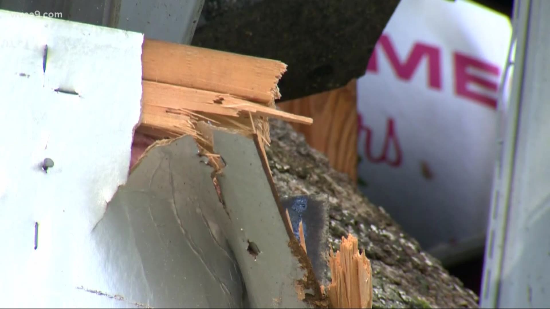 A portion of an office building roof was blown off