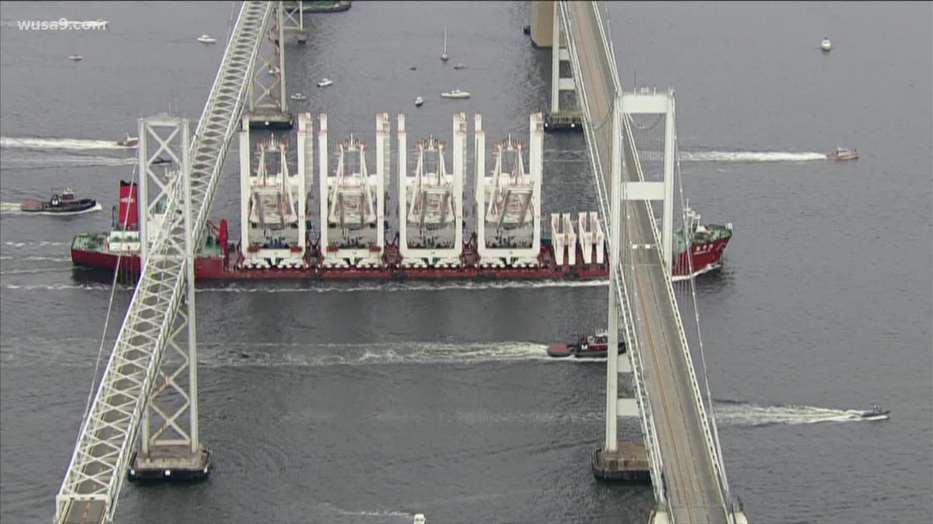 Traffic was briefly stopped on the Bay Bridge to allow for the delivery of large cranes Thursday morning