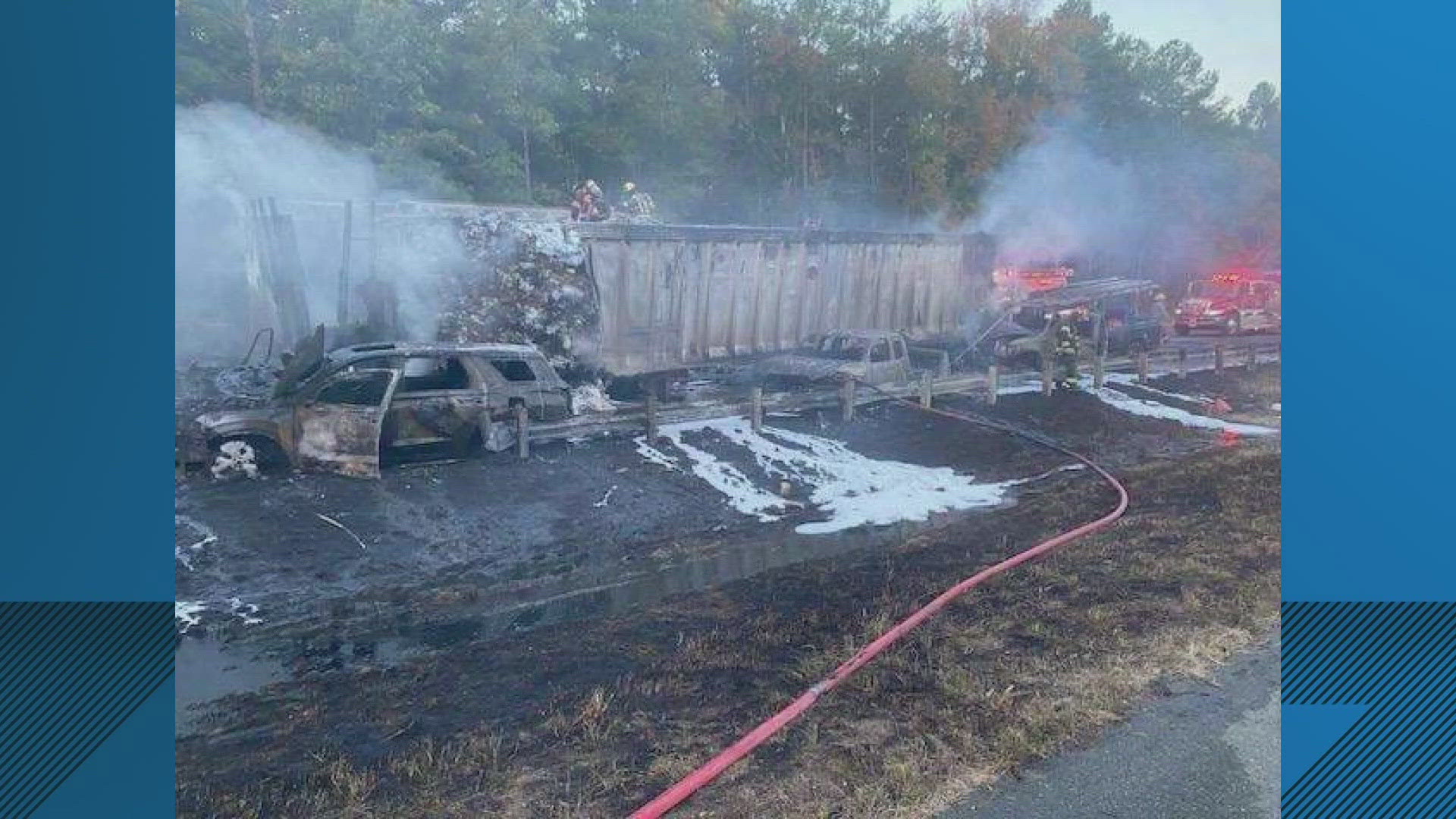 Police say a tractor-trailer hit a trash truck while merging. That led to a fiery chain reaction crash with 3 other cars. 