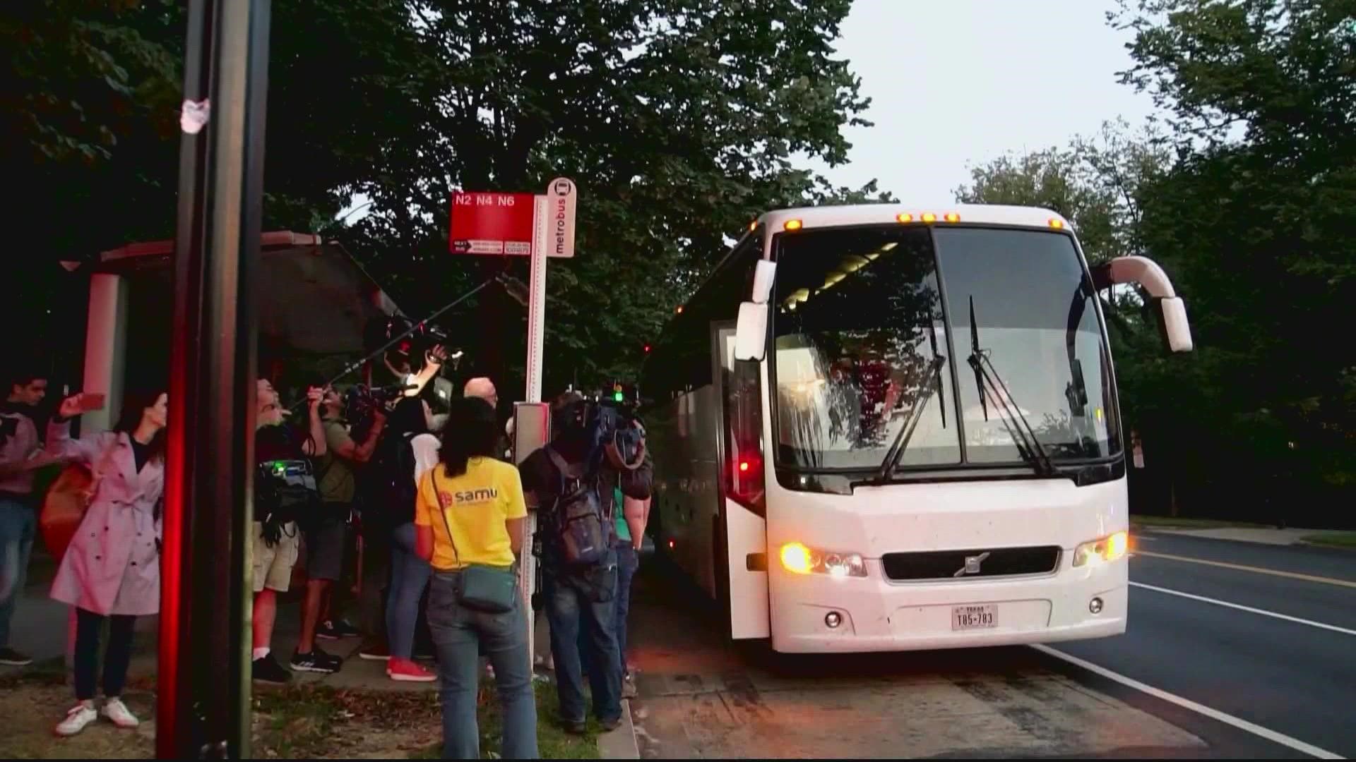 An estimated 50 migrants were on board the bus that arrived Saturday morning; the majority are asylum seekers from Venezuela.