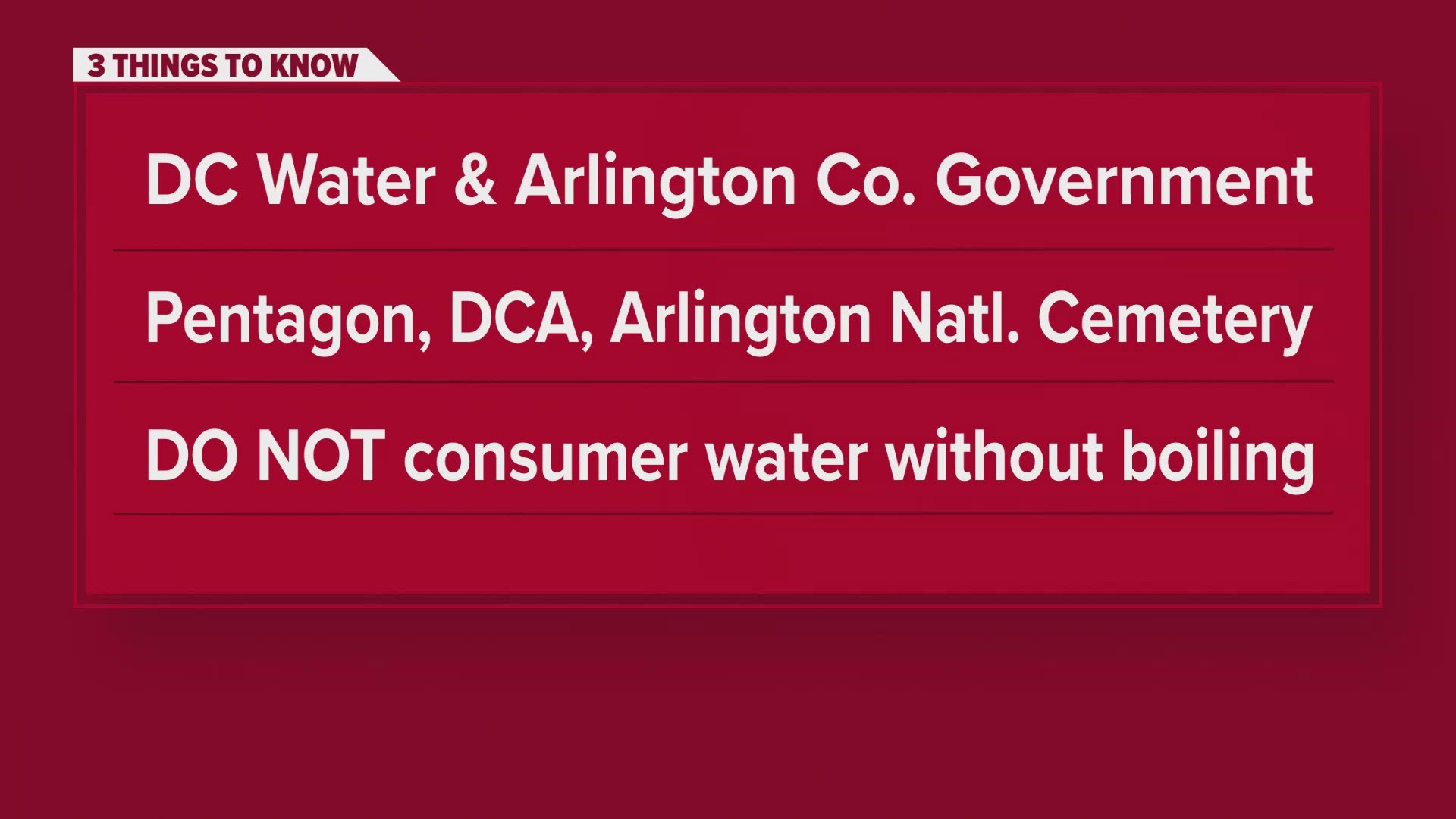 DC Water and Arlington County government advise to not consume water without boiling due to a drop in water supply in the Washington Aqueduct.