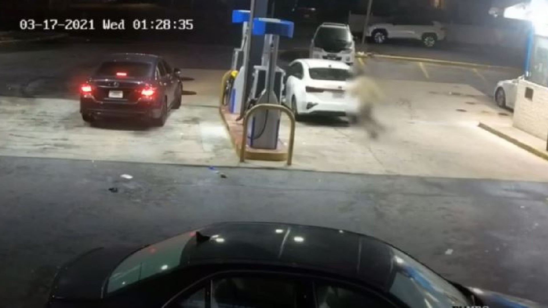 Prince George's County police are looking for suspects who shot at a driver filling up his car at a gas station on Annapolis Road before stealing his car.
