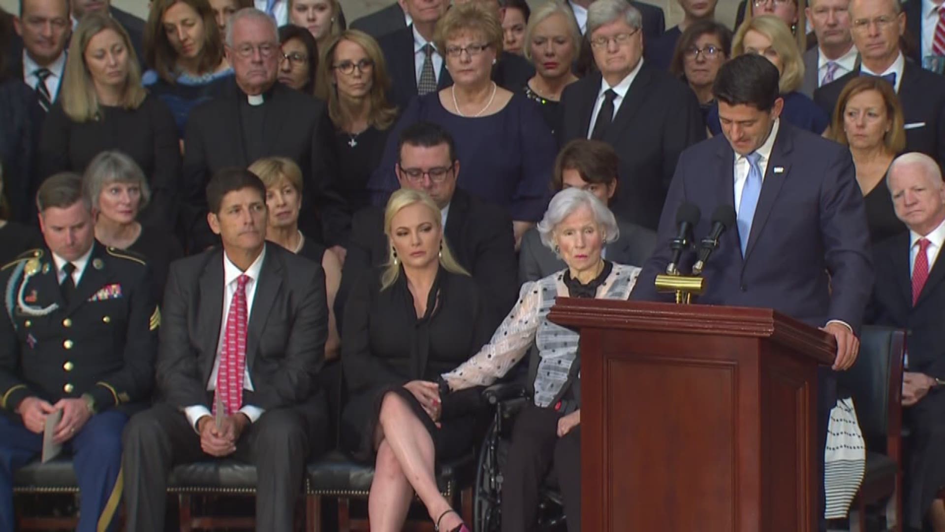 Paul Ryan, Speaker of the United States House of Representatives, speaks at John McCain's memorial as he lies in state. 
