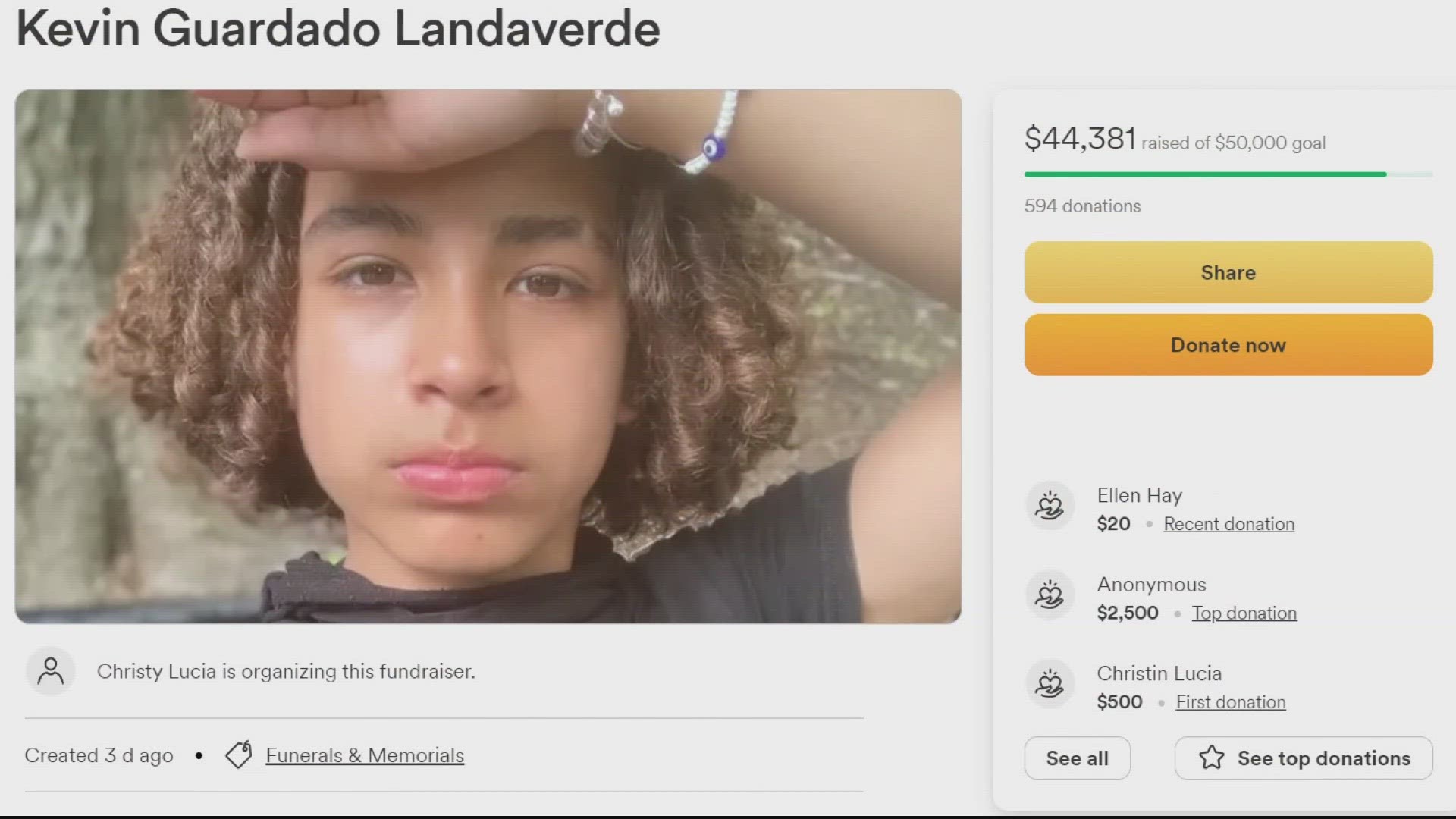 A verified GoFundMe page said 14-year-old Kevin Landaverde died on Thanksgiving Day after a crash in Fairfax County.