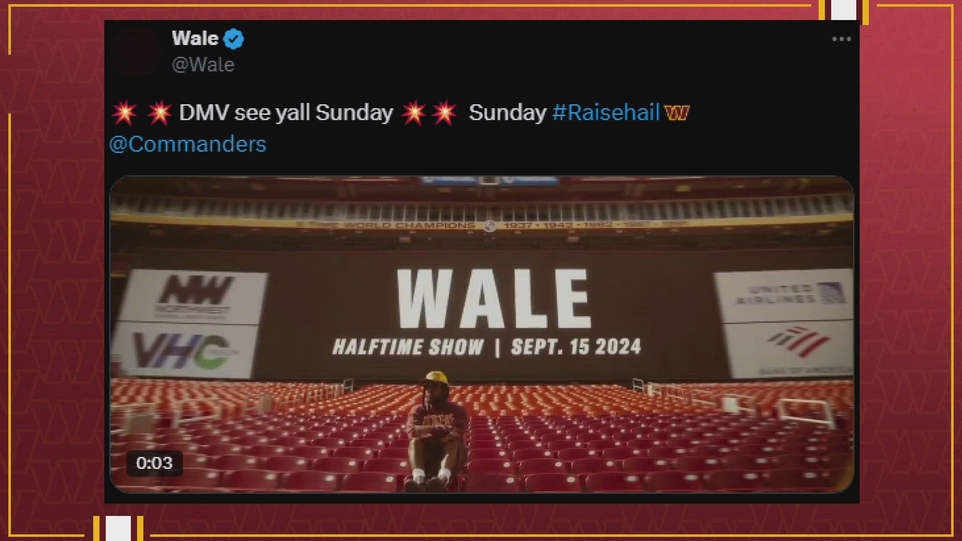 Gaithersburg native Wale posted on social media just after noon today: "DMV, see y'all Sunday."