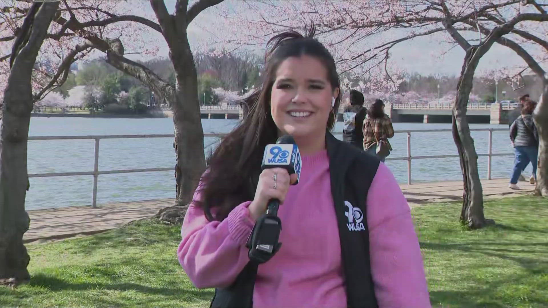 Meteorologist Makayla Lucero might soon be upgrading to a full ponytail as she talks to the Tidal Basin's visitors. 