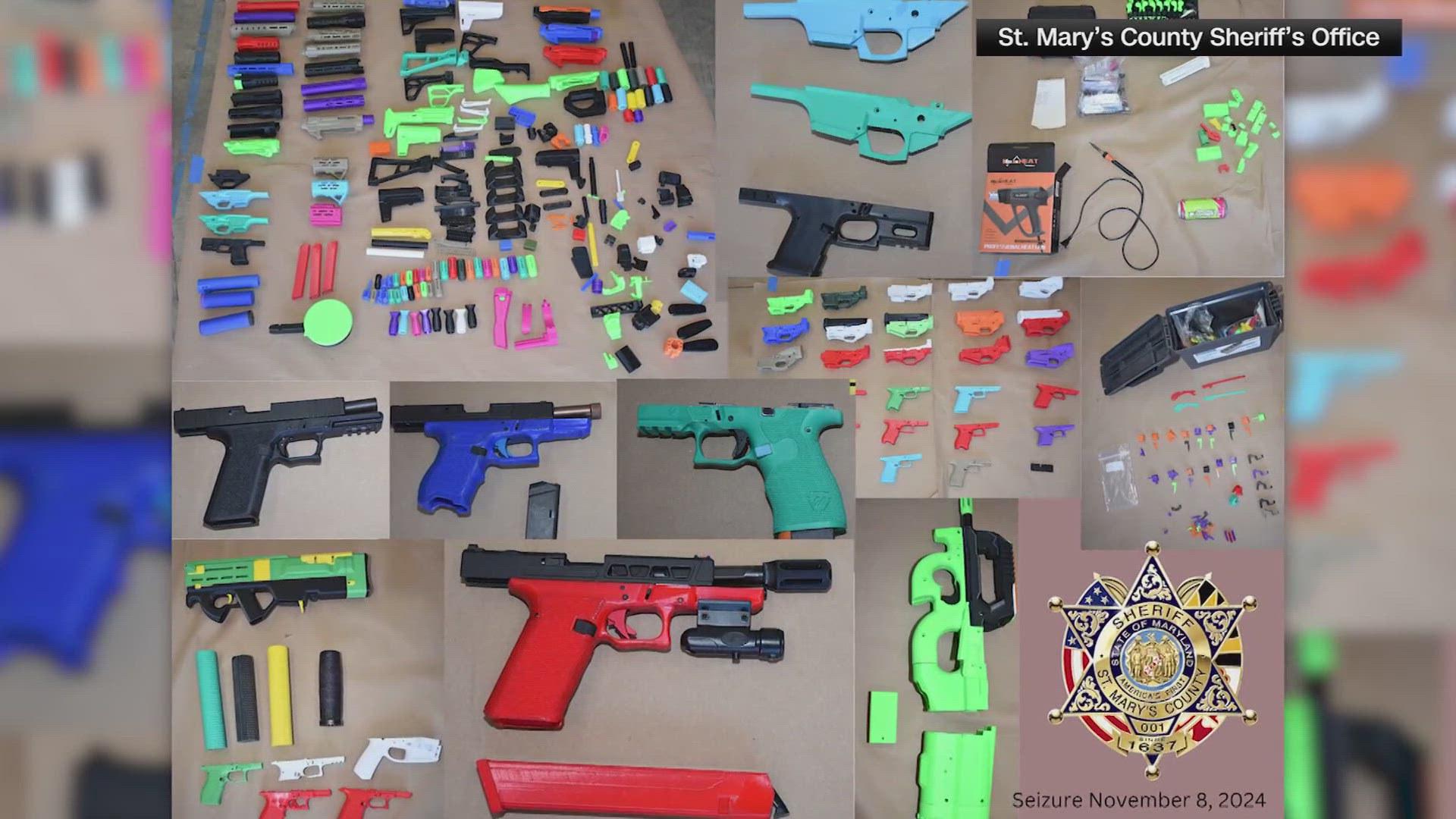 Deputies were searching for a Maryland man Friday who illegally stored 80 guns and 1,300 rounds of ammunition inside his Lexington Park house and cars. 