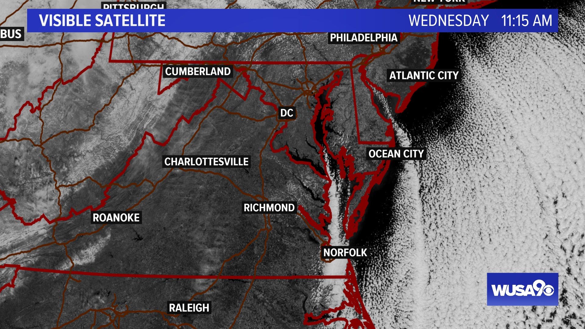 Visible satellite shows fresh snow and bay-effect clouds